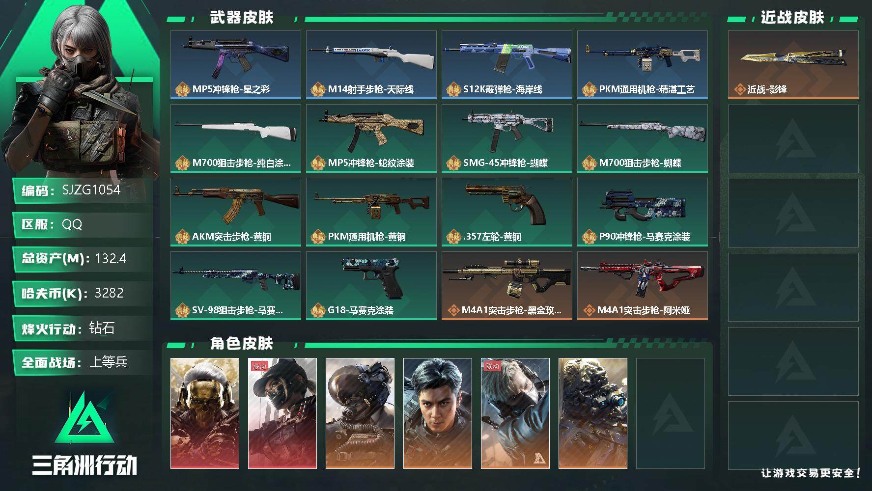 三角洲行动账号QQ【SJZG1054】总资产(M)：132.4M/哈夫币(K)：3282K/哈夫币(K)：3282K/传说枪皮数：18/全面战场等级：50_段位：上等兵/烽火地带等级：60_段位：钻石/红狼-蚀金玫瑰