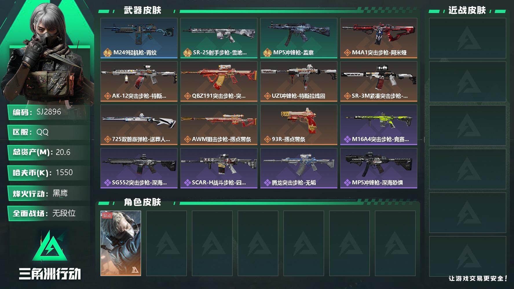 三角洲行动账号QQ【SJ2896】总资产(M)：20.6M/哈夫币(K)：1550K/哈夫币(K)：1550K/传说枪皮数：11/全面战场等级：6_段位：无段位/烽火地带等级：60_段位：黑鹰/蜂医-送葬人·无题密令