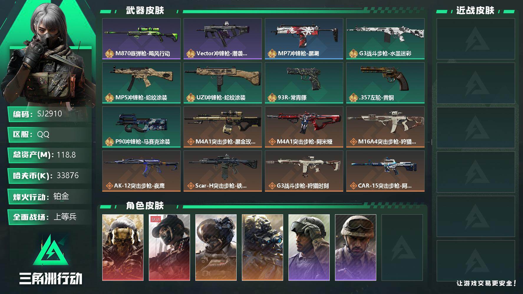 三角洲行动账号QQ【SJ2910】总资产(M)：118.8M/哈夫币(K)：33876K/哈夫币(K)：33876K/全面战场等级：50_段位：上等兵/烽火地带等级：60_段位：铂金/红狼-蚀金玫瑰/露娜-黑·天际线