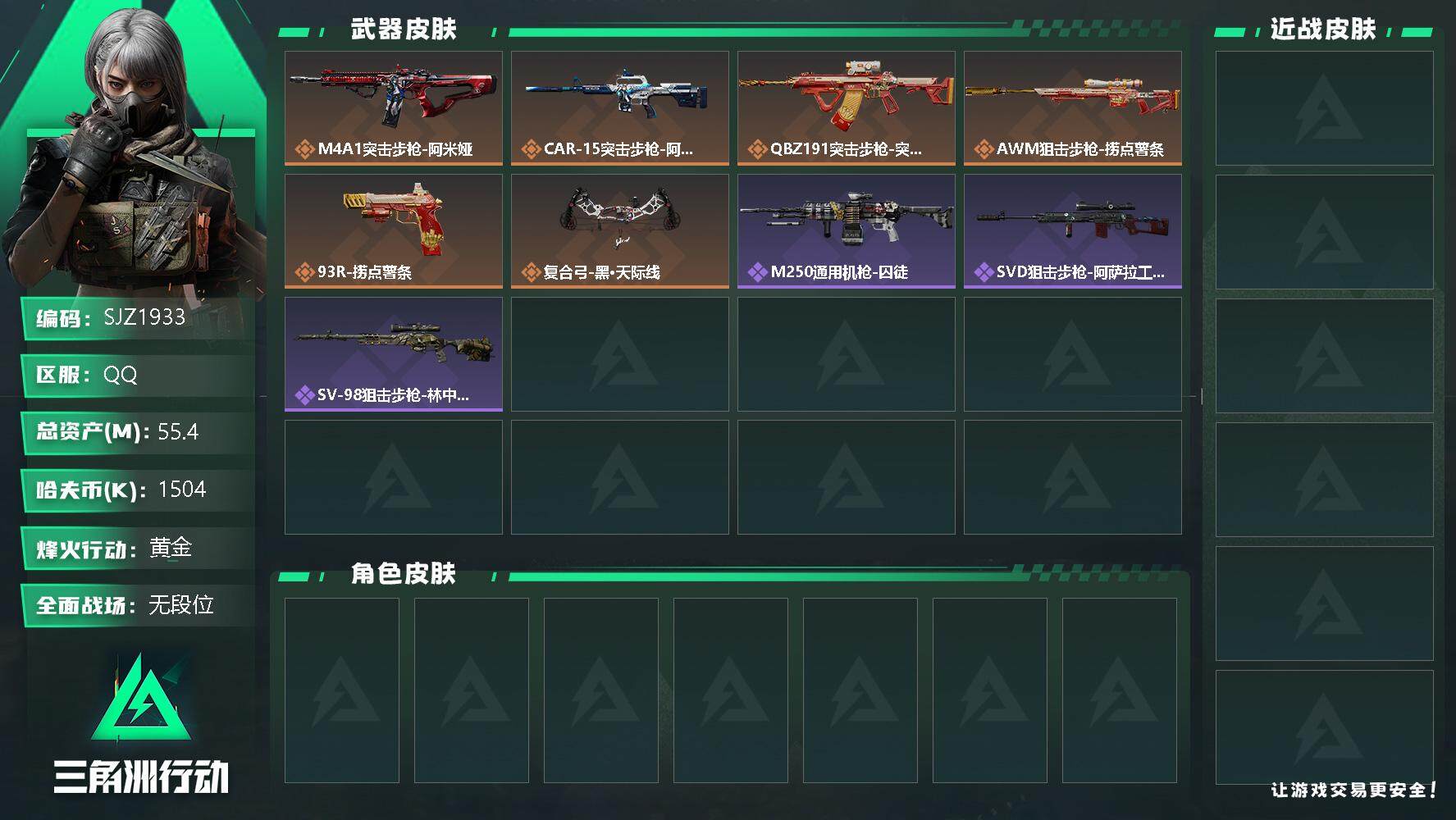 三角洲行动账号QQ【SJZ1933】总资产(M)：55.4M/哈夫币(K)：1504K/哈夫币(K)：1504K/传说枪皮数：7/全面战场等级：1_段位：无段位/烽火地带等级：44_段位：黄金/近战-黑鹰/M4A1突