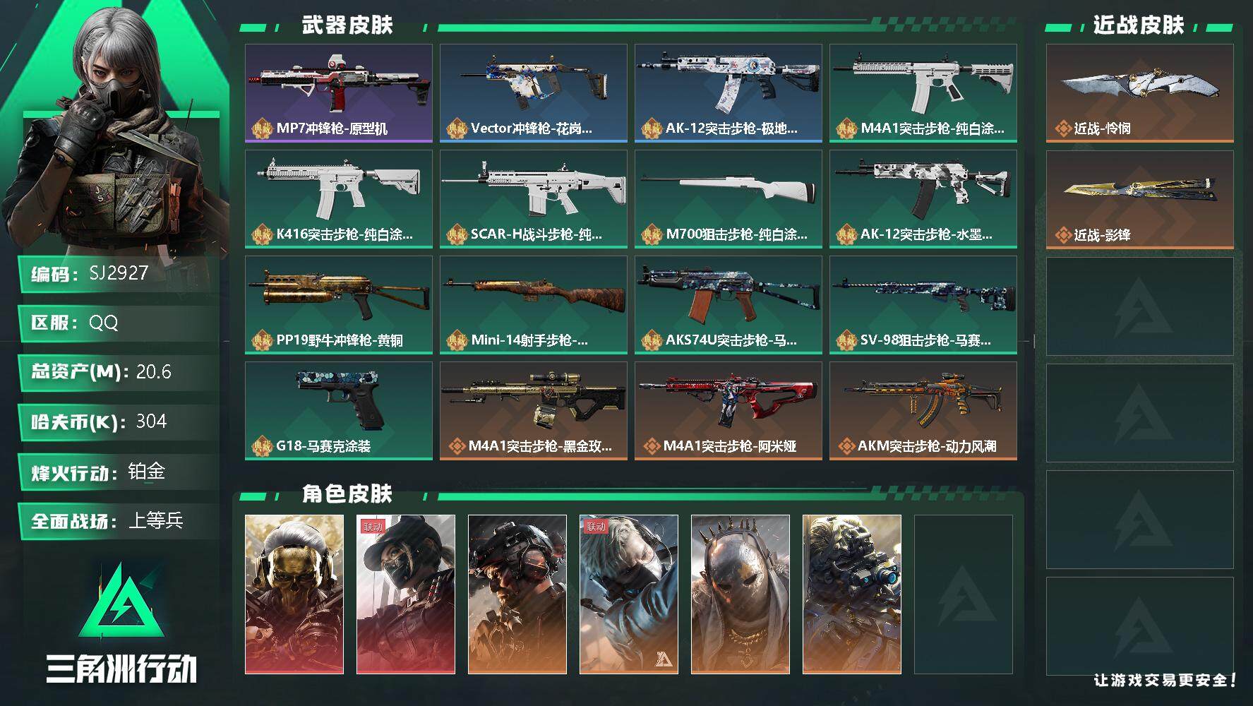 三角洲行动账号QQ【SJ2927】总资产(M)：20.6M/哈夫币(K)：304K/哈夫币(K)：304K/传说枪皮数：30/全面战场等级：50_段位：上等兵/烽火地带等级：60_段位：铂金/红狼-蚀金玫瑰/露娜-黑