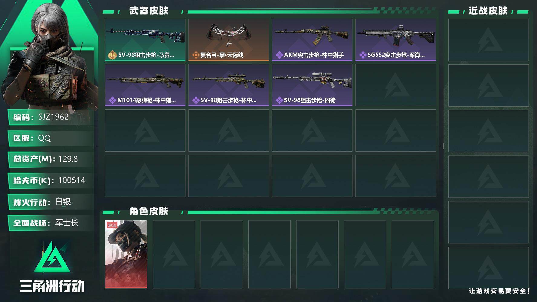 三角洲行动账号QQ【SJZ1962】总资产(M)：129.8M/哈夫币(K)：100514K/哈夫币(K)：100514K/传说枪皮数：2/全面战场等级：23_段位：军士长/烽火地带等级：58_段位：白银/露娜-黑·