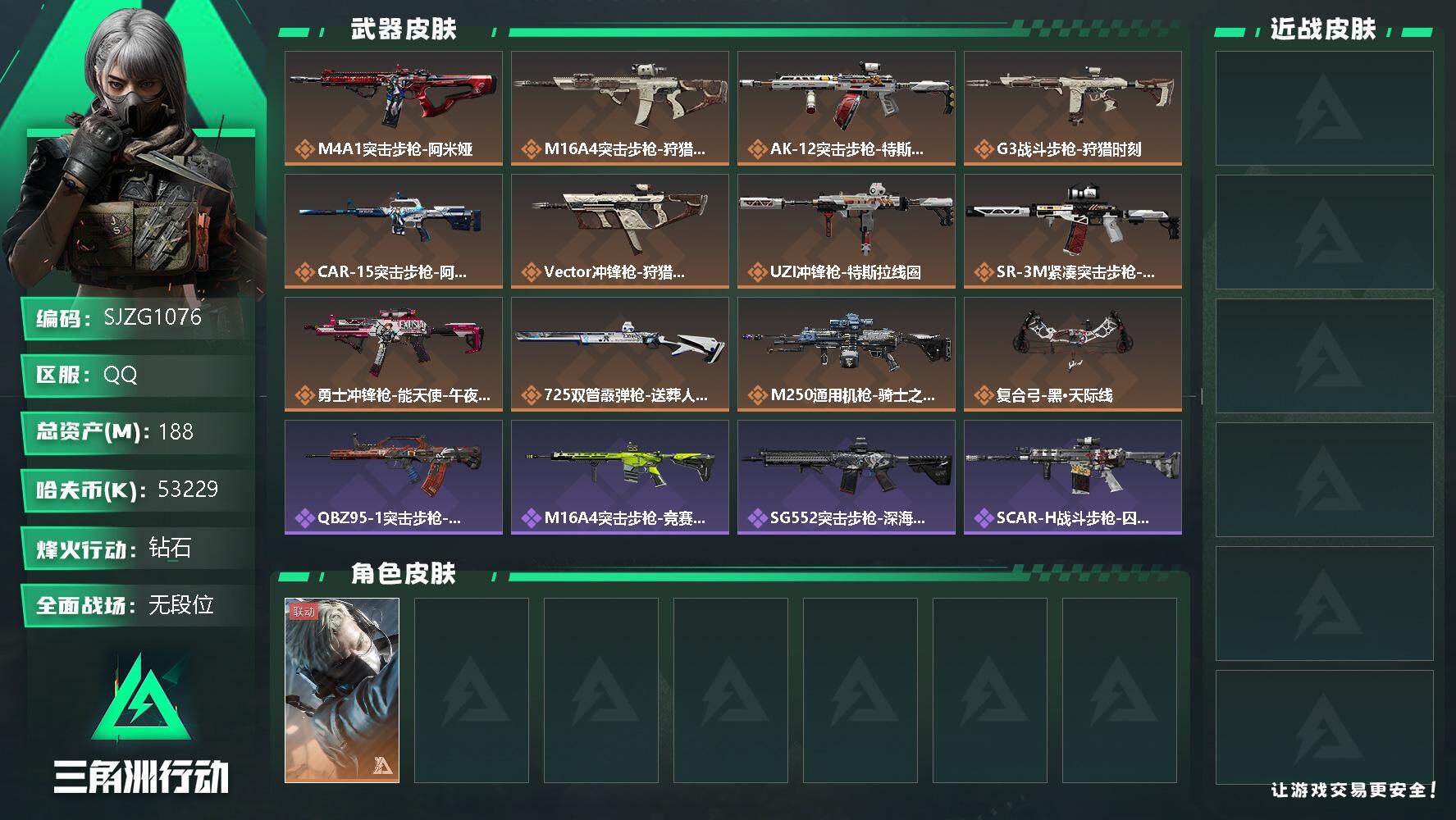 三角洲行动账号QQ【SJZG1076】总资产(M)：188M/哈夫币(K)：53229K/哈夫币(K)：53229K/传说枪皮数：13/全面战场等级：1_段位：无段位/烽火地带等级：60_段位：钻石/蜂医-送葬人·无