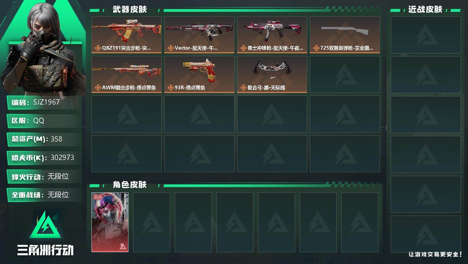三角洲行动账号QQ【SJZ1967】总资产(M)：358M/哈夫币(K)：302973K/哈夫币(K)：302973K/传说枪皮数：8/全面战场等级：8_段位：无段位/烽火地带等级：60_段位：无段位/蛊-能天使午夜