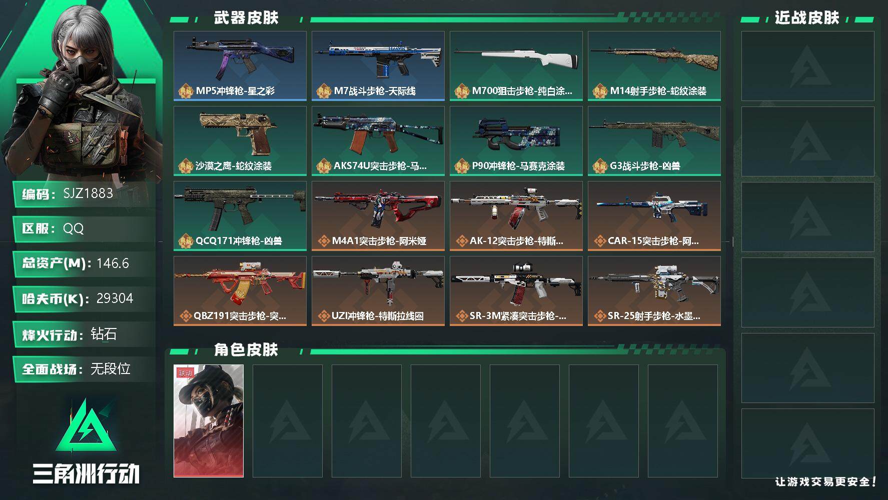 三角洲行动账号QQ【SJZ1883】总资产(M)：146.6M/哈夫币(K)：29304K/哈夫币(K)：29304K/全面战场等级：20_段位：无段位/烽火地带等级：60_段位：钻石/露娜-黑·天际线/近战-黑鹰/