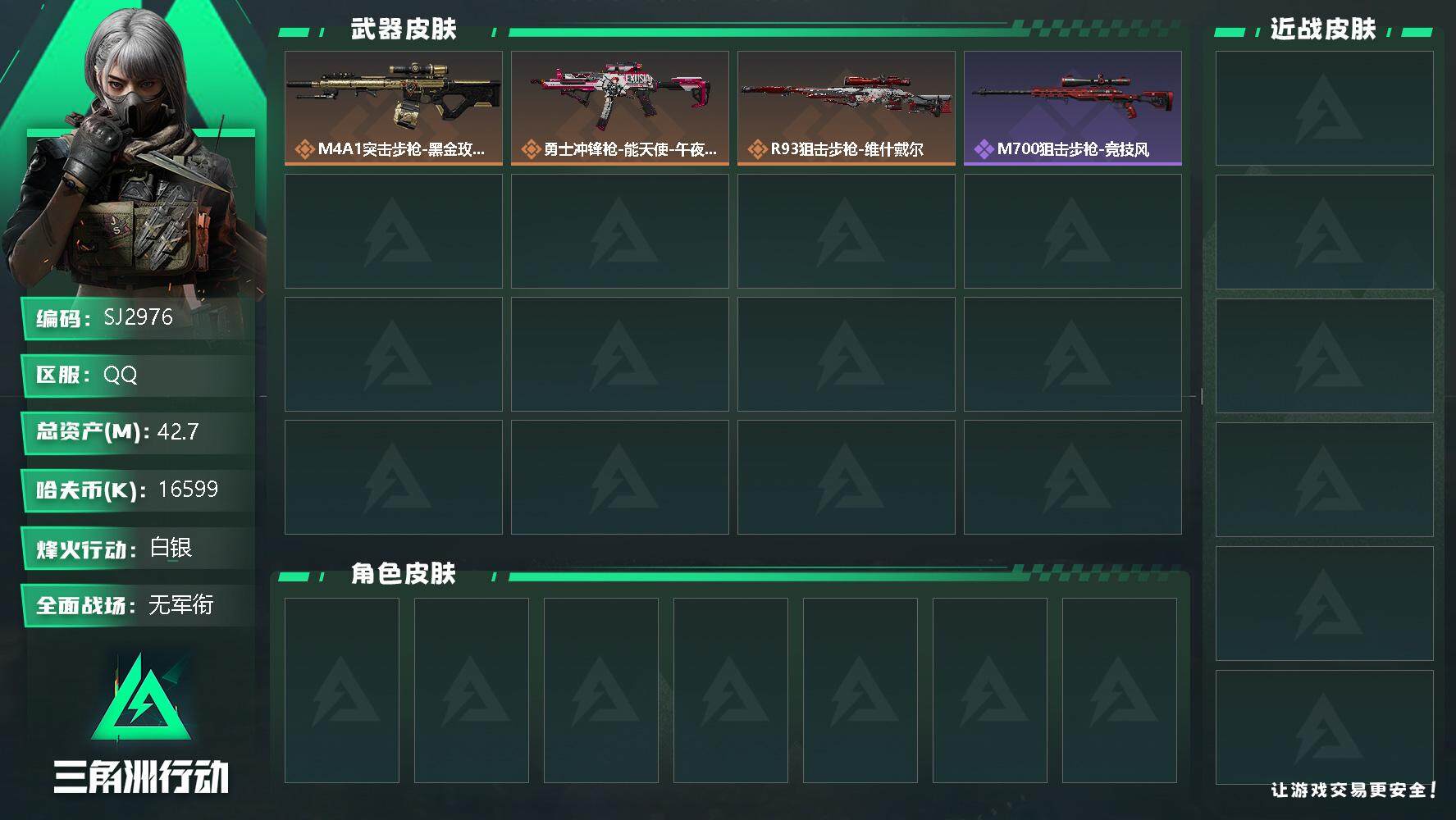 三角洲行动账号QQ【SJ2976】总资产(M)：42.7M/哈夫币(K)：16599K/哈夫币(K)：16599K/全面战场等级：1_段位：无段位/烽火地带等级：20_段位：白银/M4A1突击步枪-蚀金玫瑰/勇士冲锋