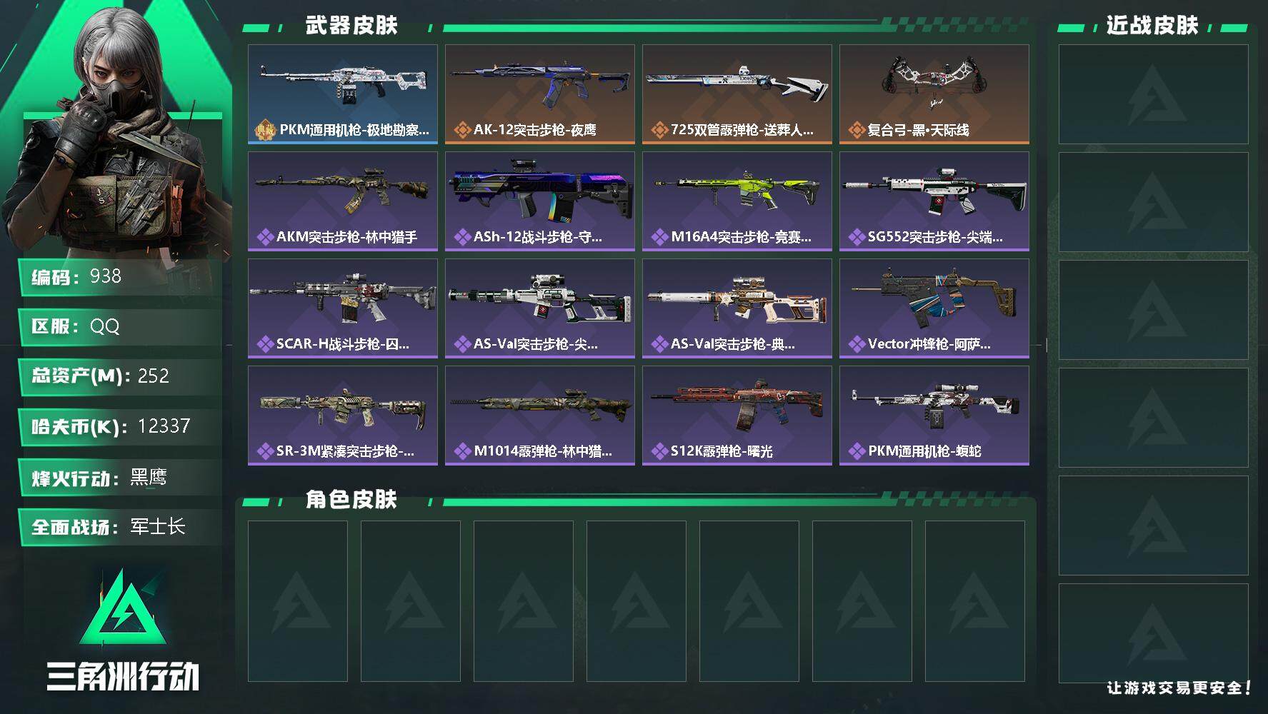 三角洲行动账号QQ总资产(M)：252M/哈夫币(K)：12337K/哈夫币(K)：12337K/PKM通用机枪-极地