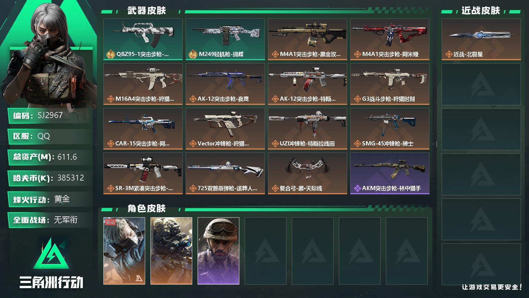 三角洲行动账号QQ【SJ2967】总资产(M)：611.6M/哈夫币(K)：385312K/哈夫币(K)：385312K/全面战场等级：9_段位：无段位/烽火地带等级：60_段位：黄金/蜂医-送葬人·无题密令/无名-