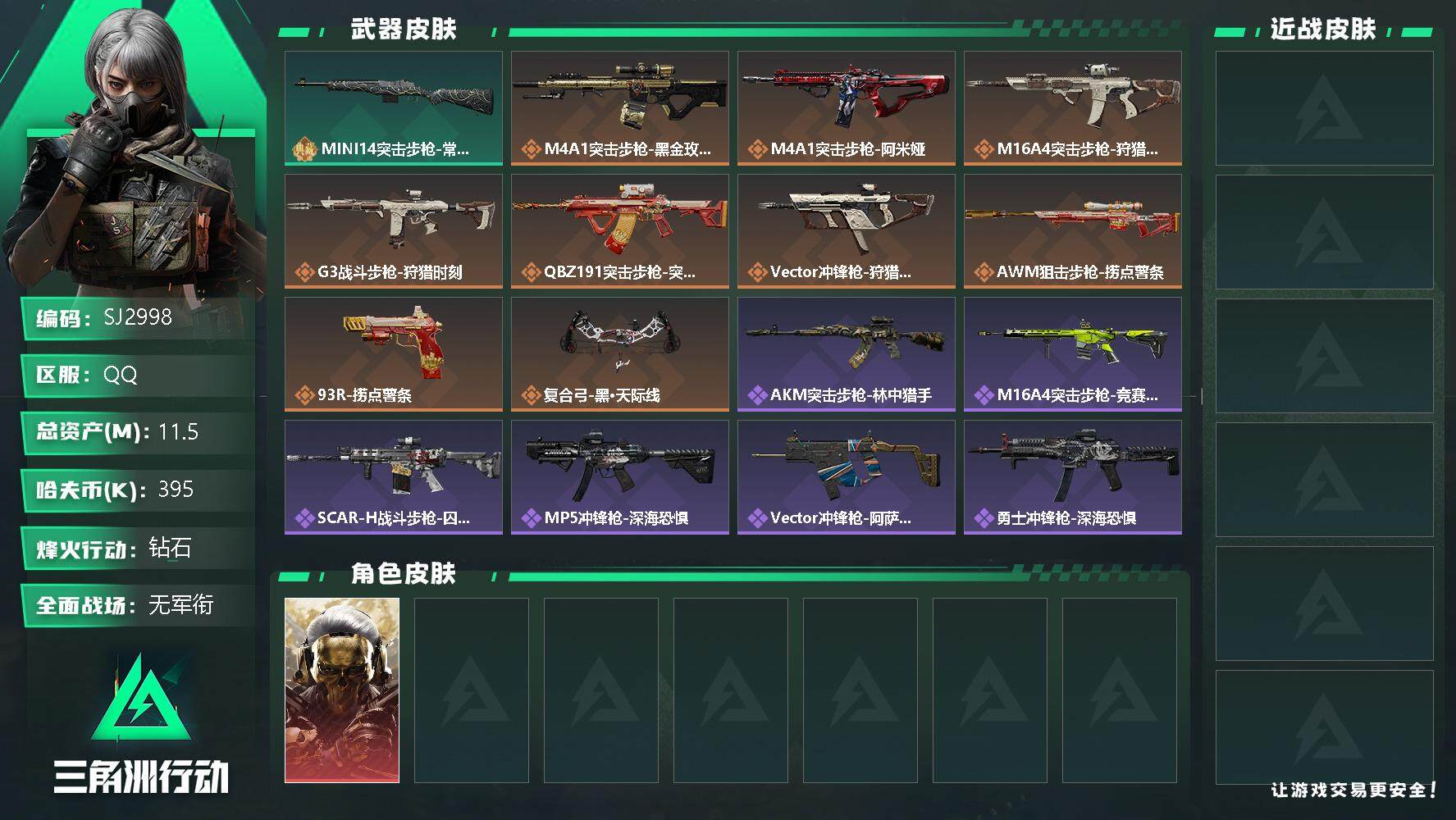 三角洲行动账号QQ【SJ2998】总资产(M)：11.5M/哈夫币(K)：395K/哈夫币(K)：395K/传说枪皮数：11/全面战场等级：1_段位：无段位/烽火地带等级：60_段位：钻石/红狼-蚀金玫瑰/近战-黑鹰