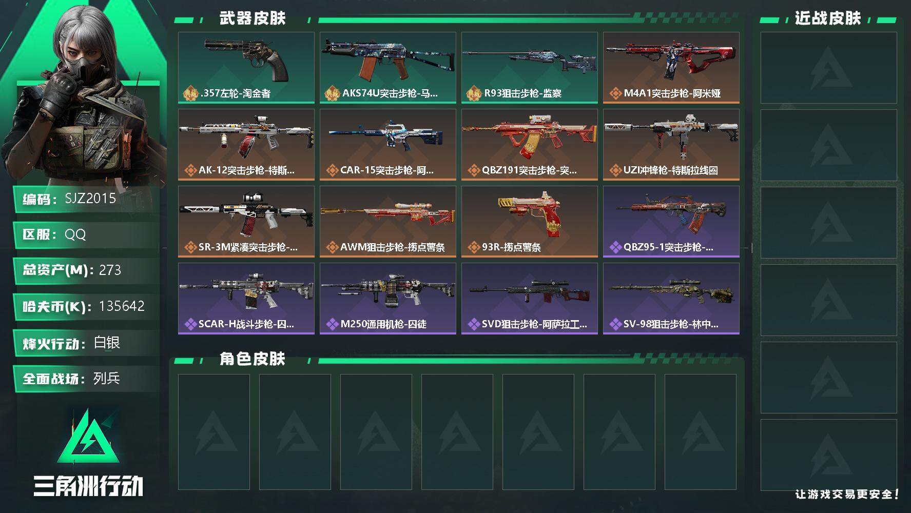 三角洲行动账号QQ【SJZ2015】总资产(M)：273M/哈夫币(K)：135642K/哈夫币(K)：135642K/全面战场等级：12_段位：列兵/烽火地带等级：60_段位：白银/近战-黑鹰/.357左轮-淘金者