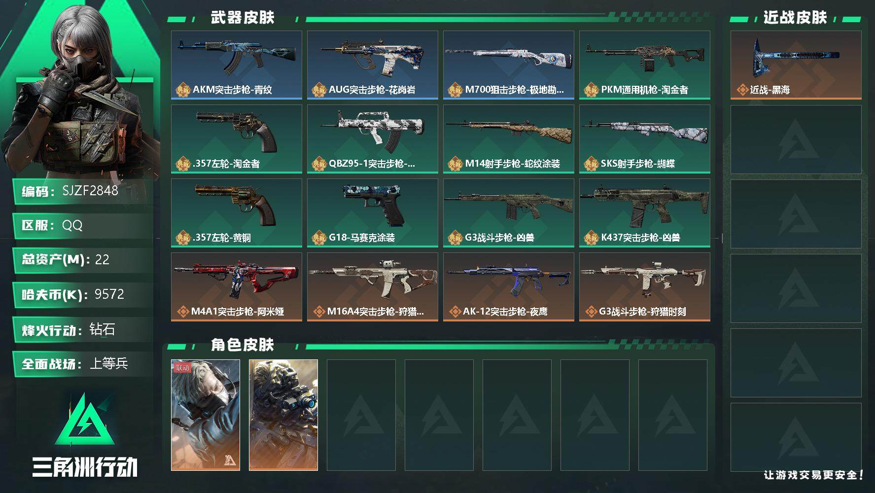 三角洲行动账号QQ【SJZF2848】总资产(M)：22M/哈夫币(K)：9572K/哈夫币(K)：9572K/全面战场等级：23_段位：上等兵/烽火地带等级：60_段位：钻石/蜂医-送葬人·无题密令/无名-夜鹰/近