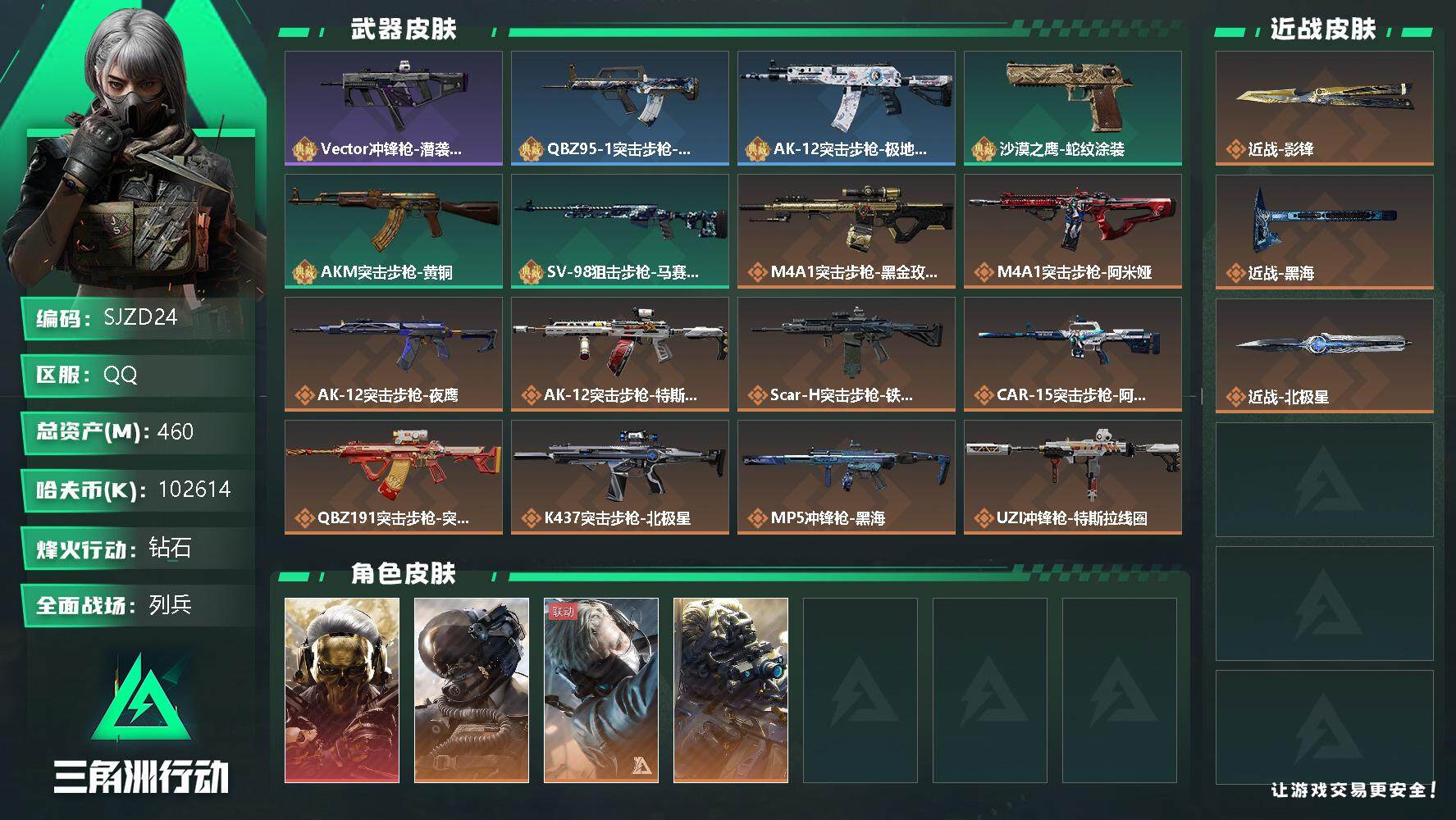三角洲行动账号QQ【SJZD24】总资产(M)：460M/哈夫币(K)：102614K/哈夫币(K)：102614K/传说枪皮数：17/全面战场等级：11_段位：列兵/烽火地带等级：60_段位：钻石/红狼-蚀金玫瑰/