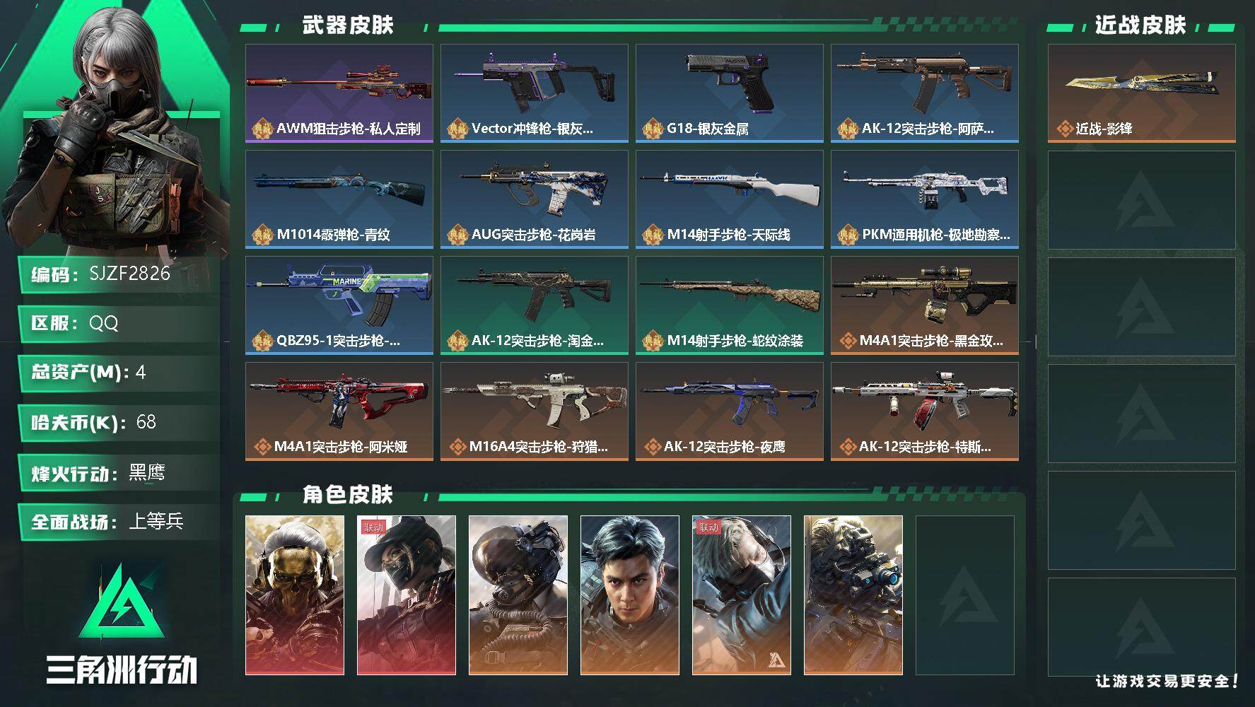 三角洲行动账号QQ【SJZF2826】总资产(M)：4M/哈夫币(K)：68K/哈夫币(K)：68K/全面战场等级：50_段位：上等兵/烽火地带等级：60_段位：黑鹰/红狼-蚀金玫瑰/露娜-黑·天际线/威龙-壮志凌云
