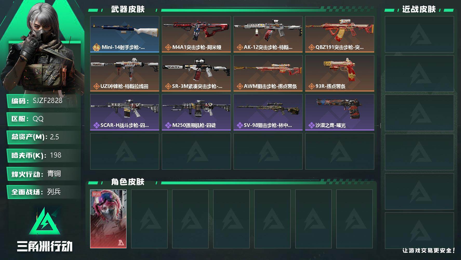 三角洲行动账号QQ【SJZF2828】总资产(M)：2.5M/哈夫币(K)：198K/哈夫币(K)：198K/全面战场等级：17_段位：列兵/烽火地带等级：39_段位：青铜/蛊-能天使午夜邮差/Mini-14射手步枪