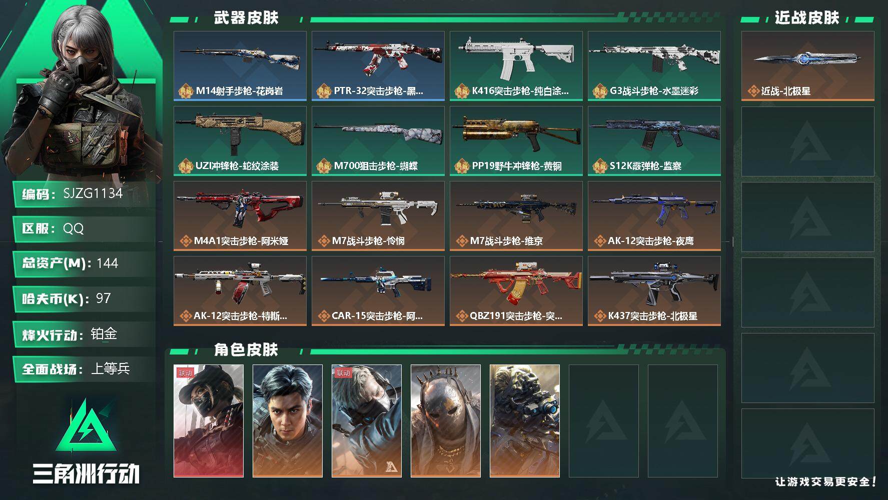 三角洲行动账号QQ【SJZG1134】总资产(M)：144M/哈夫币(K)：97K/哈夫币(K)：97K/传说枪皮数：23/全面战场等级：25_段位：上等兵/烽火地带等级：60_段位：铂金/露娜-黑·天际线/威龙-飞
