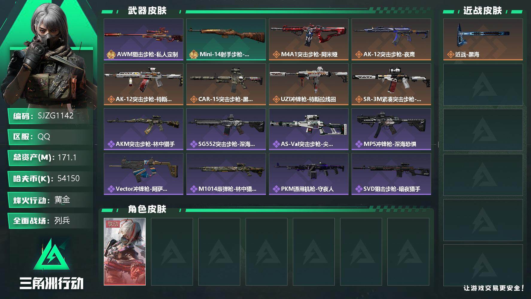 三角洲行动账号QQ【SJZG1142】总资产(M)：171.1M/哈夫币(K)：54150K/哈夫币(K)：54150K/传说枪皮数：6/全面战场等级：18_段位：列兵/烽火地带等级：60_段位：黄金/骇爪-维什戴尔