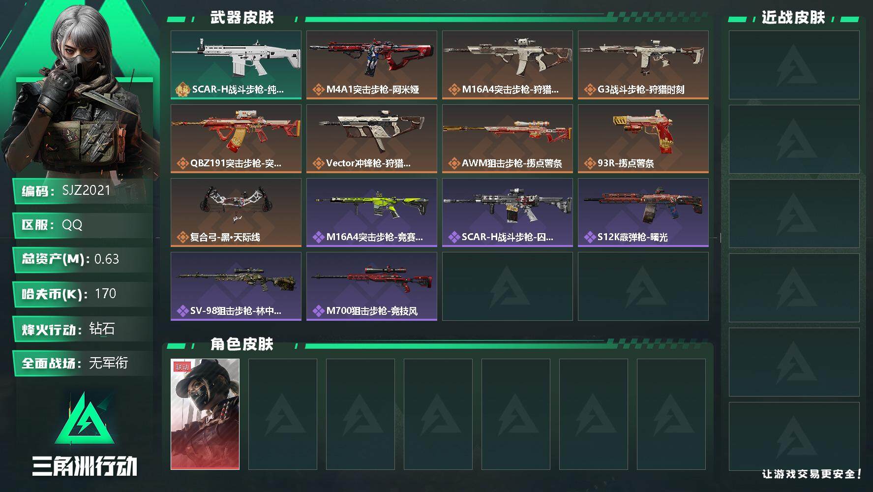 三角洲行动账号QQ【SJZ2021】总资产(M)：0.63M/哈夫币(K)：170K/哈夫币(K)：170K/传说枪皮数：11/全面战场等级：1_段位：无段位/烽火地带等级：43_段位：钻石/露娜-黑·天际线/近战-