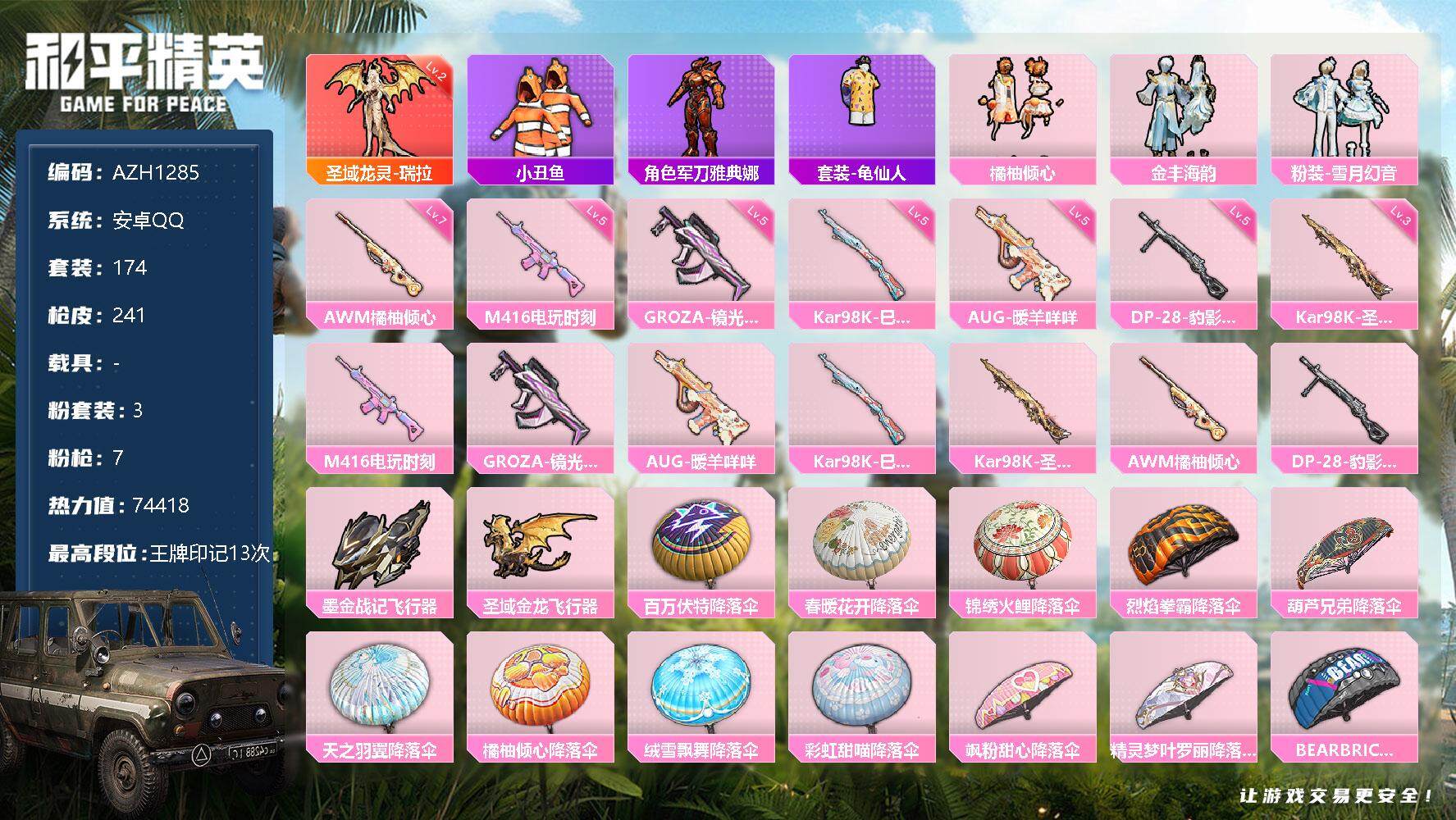 和平精英账号安卓QQ【AZH1285】【商品标题】：【2级瑞拉1神装3粉装7枪】安卓 手Q-1神装-3粉装-7特效枪-0