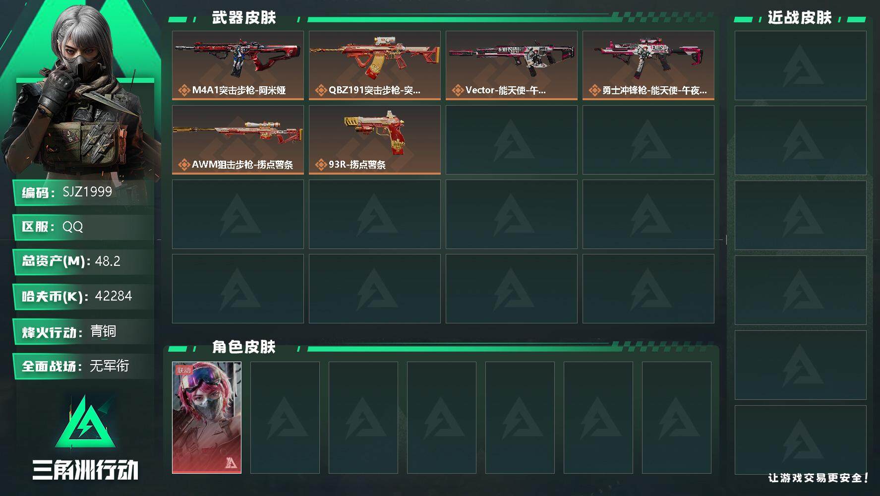 三角洲行动账号QQ【SJZ1999】总资产(M)：48.2M/哈夫币(K)：42284K/哈夫币(K)：42284K/全面战场等级：1_段位：无段位/烽火地带等级：32_段位：青铜/蛊-能天使午夜邮差/近战-黑鹰/M