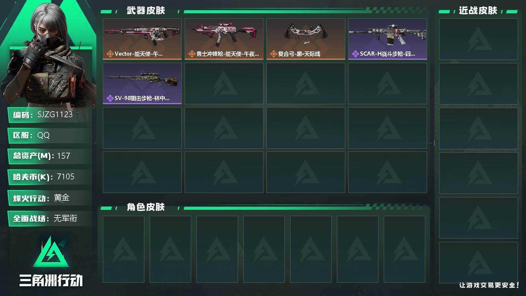 三角洲行动账号QQ【SJZG1123】总资产(M)：157M/哈夫币(K)：7105K/哈夫币(K)：7105K/传说枪皮数：3/全面战场等级：1_段位：无段位/烽火地带等级：59_段位：黄金/近战-黑鹰/勇士冲锋枪
