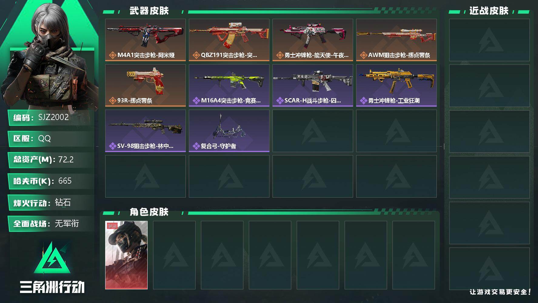 三角洲行动账号QQ【SJZ2002】总资产(M)：72.2M/哈夫币(K)：665K/哈夫币(K)：665K/全面战场等级：1_段位：无段位/烽火地带等级：60_段位：钻石/露娜-黑·天际线/近战-黑鹰/M4A1突击