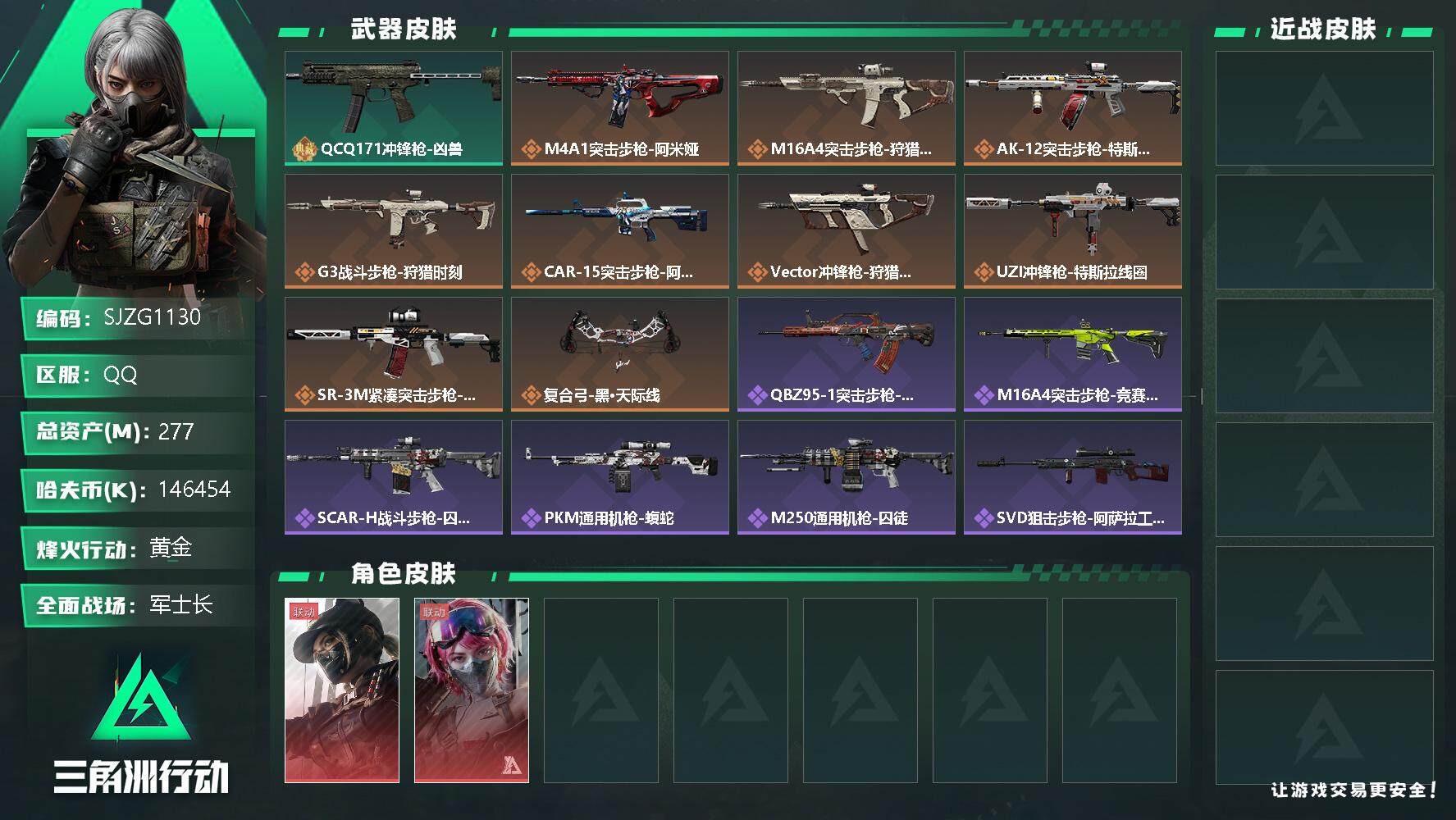 三角洲行动账号QQ【SJZG1130】总资产(M)：277M/哈夫币(K)：146454K/哈夫币(K)：146454K/传说枪皮数：8/全面战场等级：35_段位：军士长/烽火地带等级：60_段位：黄金/露娜-黑·天