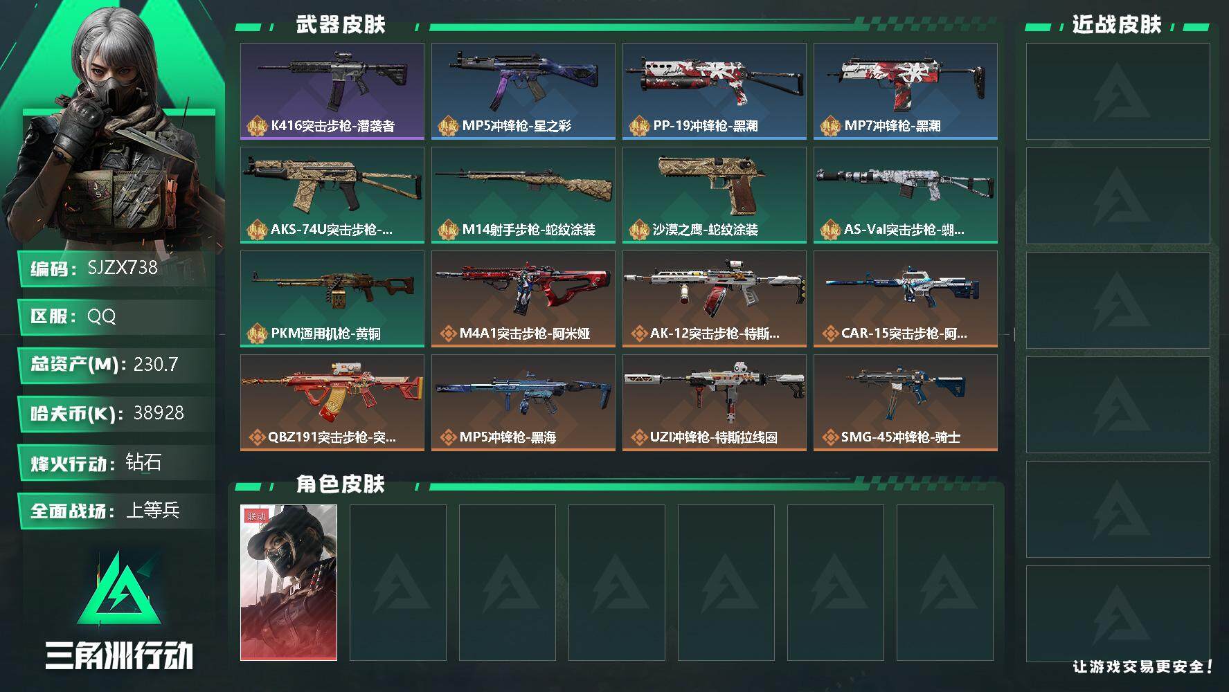 三角洲行动账号QQ【SJZX738】总资产(M)：230.7M/哈夫币(K)：38928K/哈夫币(K)：38928K/传说枪皮数：13/全面战场等级：50_段位：上等兵/烽火地带等级：60_段位：钻石/露娜-黑·天