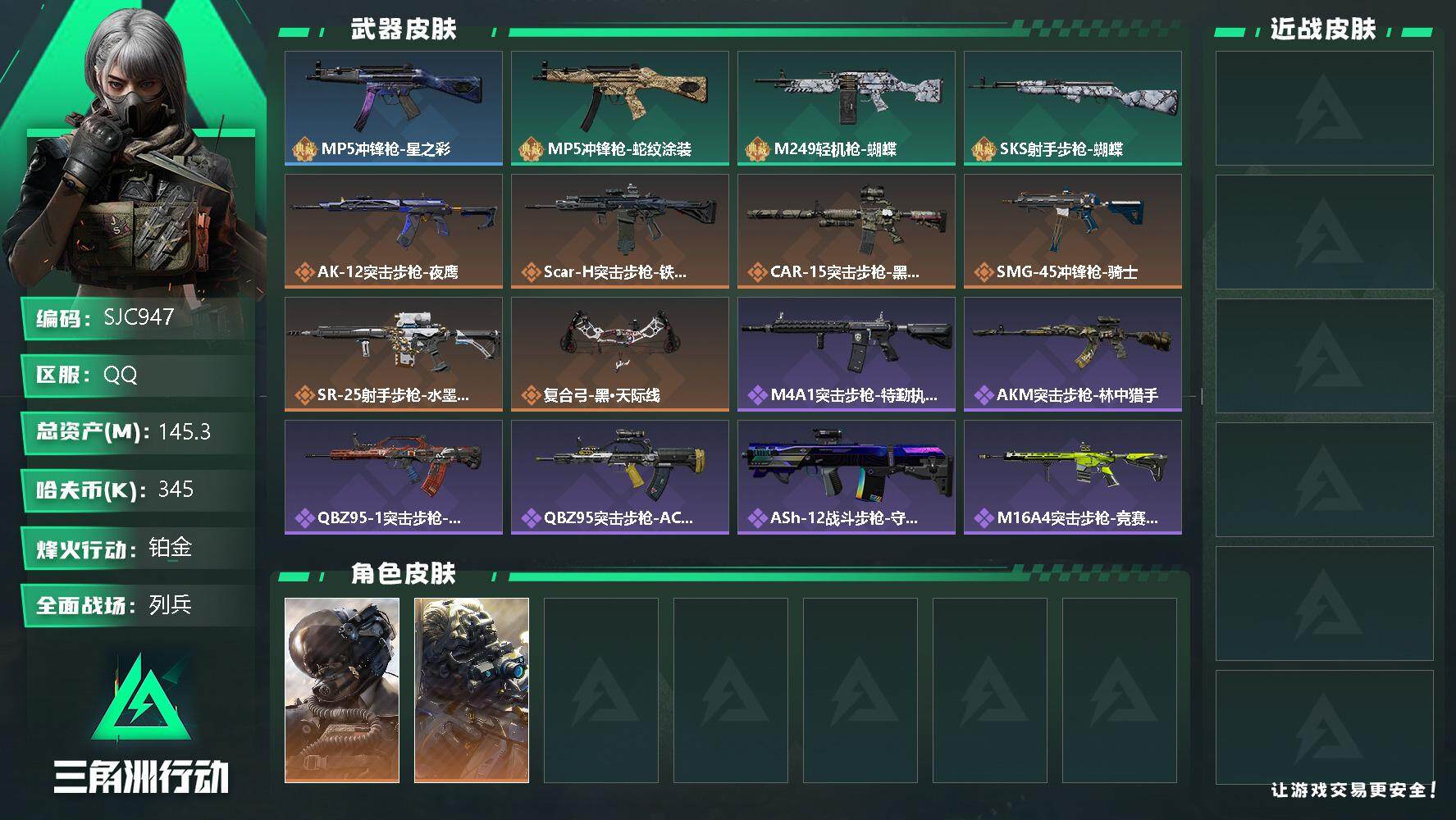 三角洲行动账号QQ【SJC947】总资产(M)：145.3M/哈夫币(K)：345K/哈夫币(K)：345K/全面战场等级：12_段位：列兵/烽火地带等级：60_段位：铂金/威龙-壮志凌云/无名-夜鹰/MP5冲锋枪-