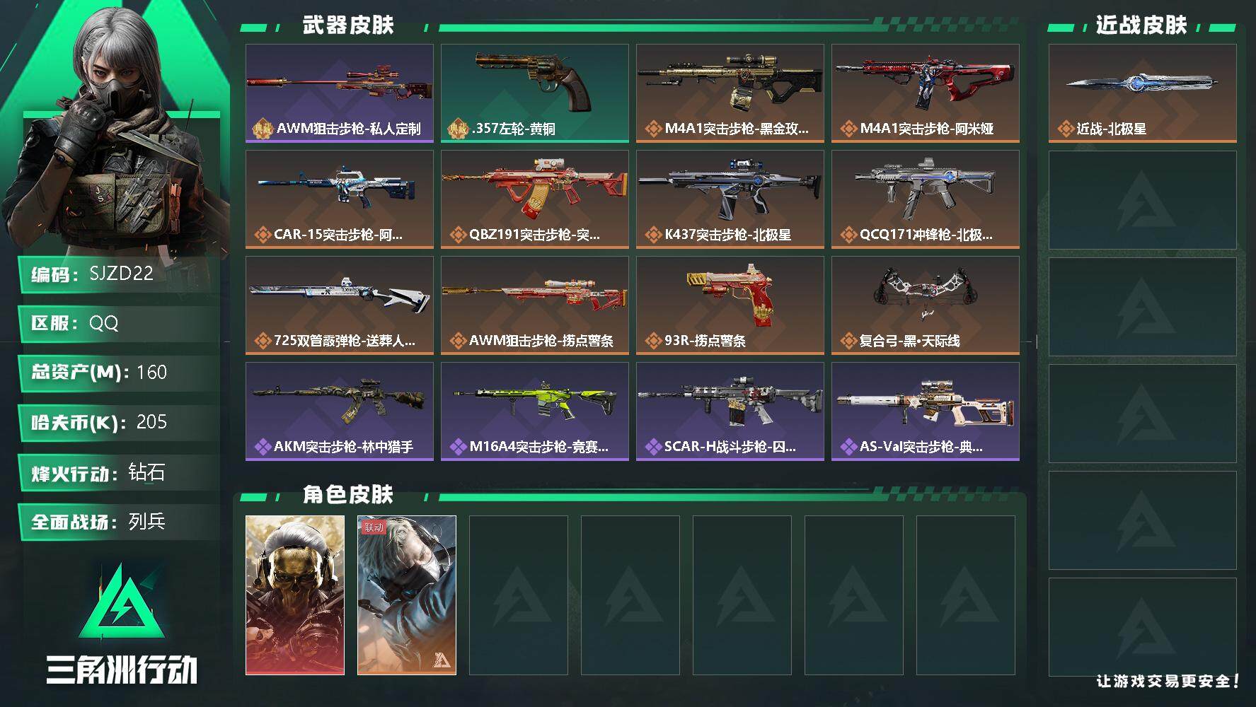 三角洲行动账号QQ【SJZD22】总资产(M)：160M/哈夫币(K)：205K/哈夫币(K)：205K/全面战场等级：11_段位：列兵/烽火地带等级：60_段位：钻石/红狼-蚀金玫瑰/蜂医-送葬人·无题密令/近战-