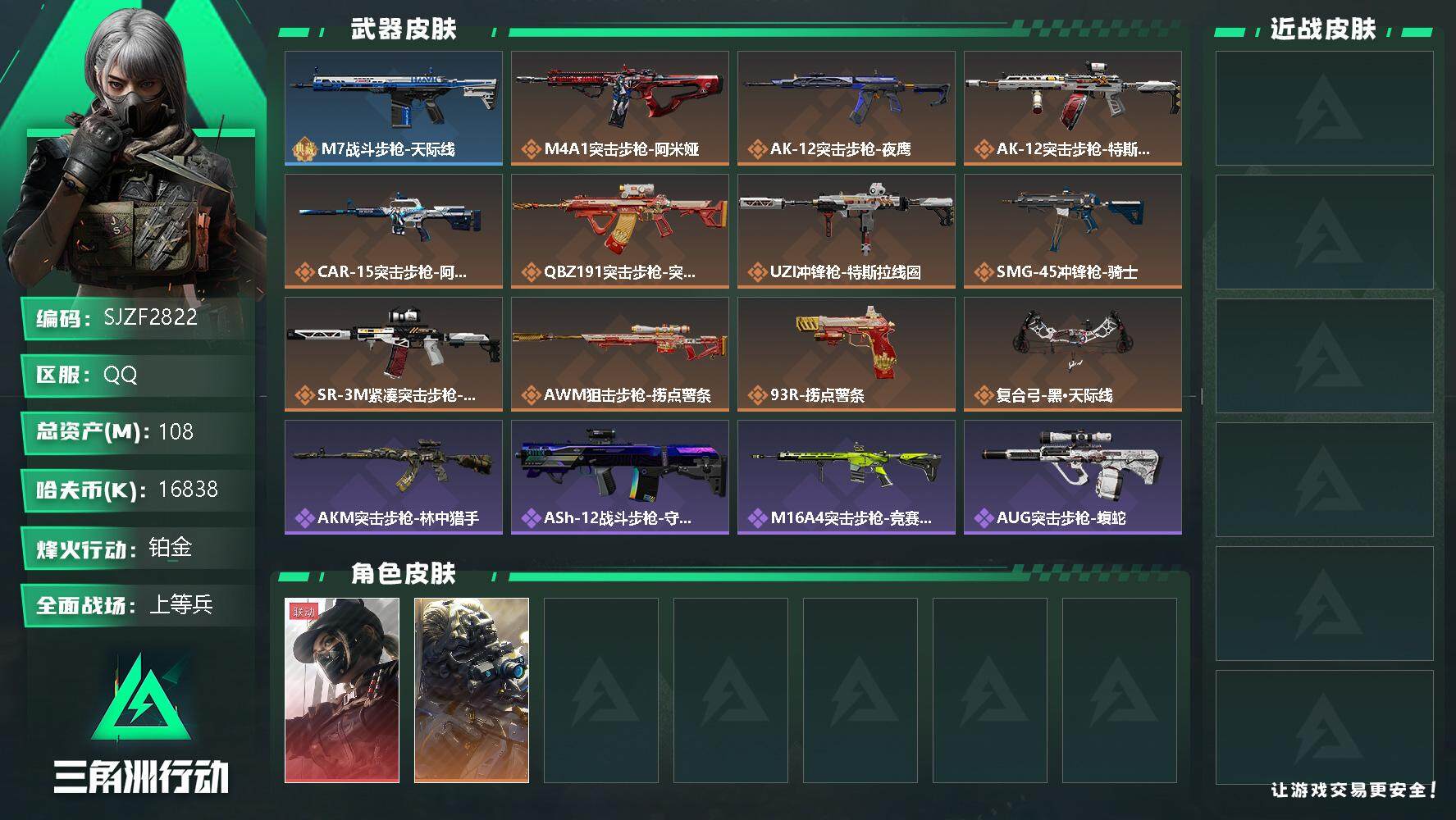 三角洲行动账号QQ【SJZF2822】总资产(M)：108M/哈夫币(K)：16838K/哈夫币(K)：16838K/全面战场等级：27_段位：上等兵/烽火地带等级：60_段位：铂金/露娜-黑·天际线/无名-夜鹰/M
