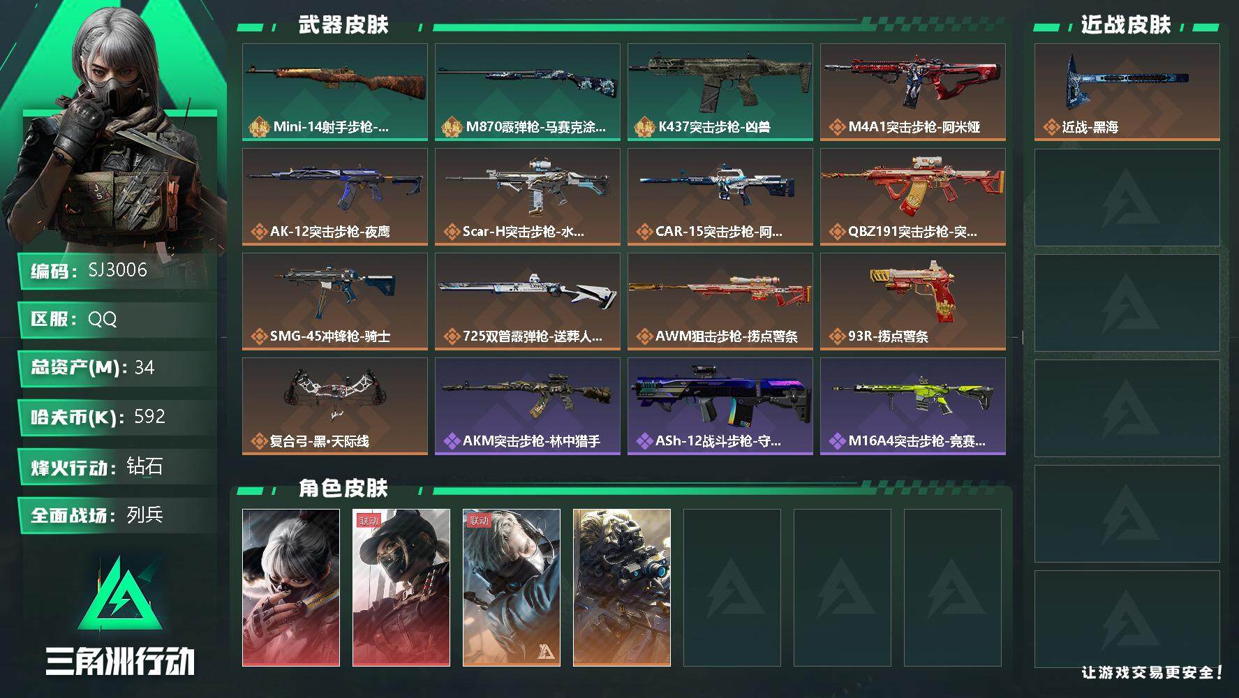 三角洲行动账号QQ【SJ3006】总资产(M)：34M/哈夫币(K)：592K/哈夫币(K)：592K/传说枪皮数：13/全面战场等级：14_段位：列兵/烽火地带等级：60_段位：钻石/骇爪-水墨云图/露娜-黑·天际