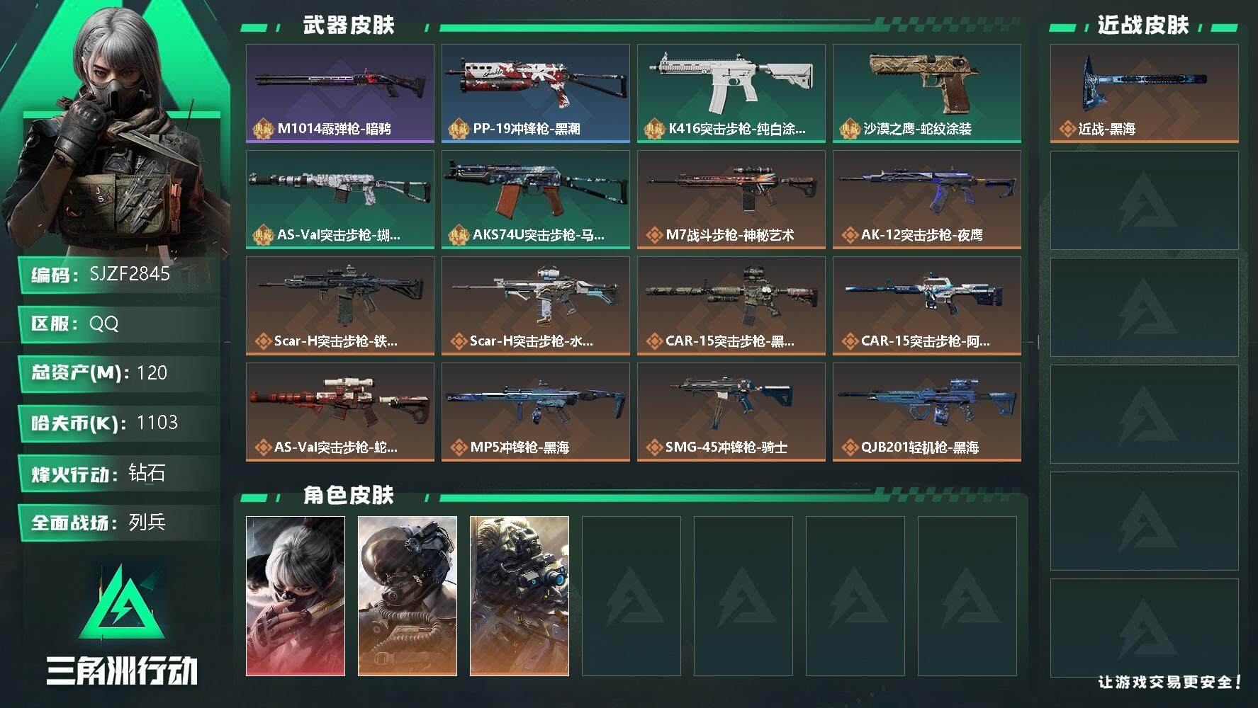 三角洲行动账号QQ【SJZF2845】总资产(M)：120M/哈夫币(K)：1103K/哈夫币(K)：1103K/传说枪皮数：13/全面战场等级：24_段位：列兵/烽火地带等级：60_段位：钻石/骇爪-水墨云图/威龙