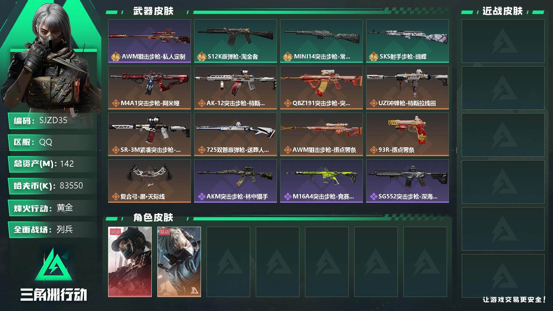 三角洲行动账号QQ【SJZD35】总资产(M)：142M/哈夫币(K)：83550K/哈夫币(K)：83550K/全面战场等级：18_段位：列兵/烽火地带等级：60_段位：黄金/露娜-黑·天际线/蜂医-送葬人·无题密