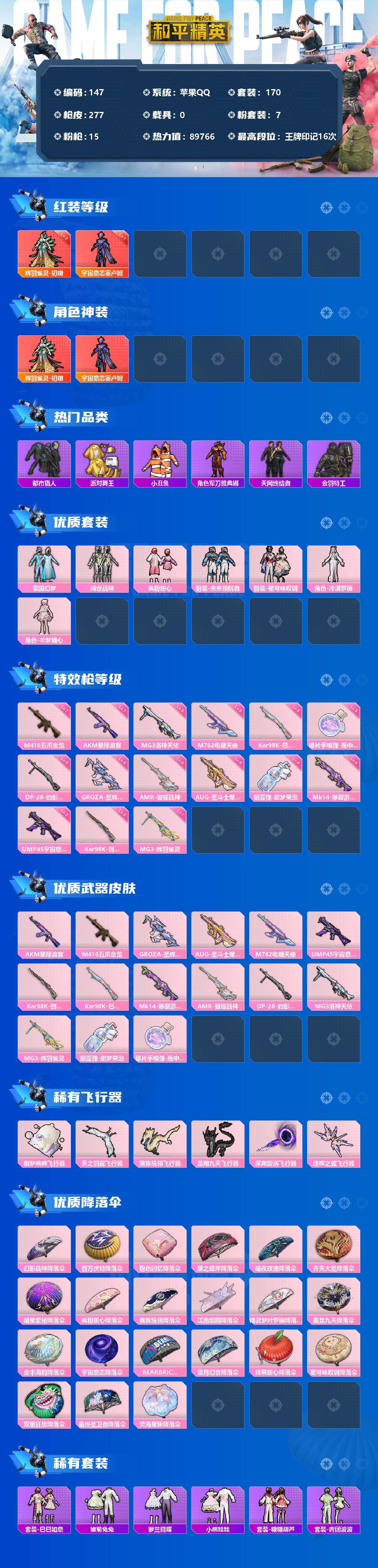 和平精英账号苹果QQ0载具-170套装-277枪皮-170套装/枪械15/装备352/战备183/王牌印记16/热力值8