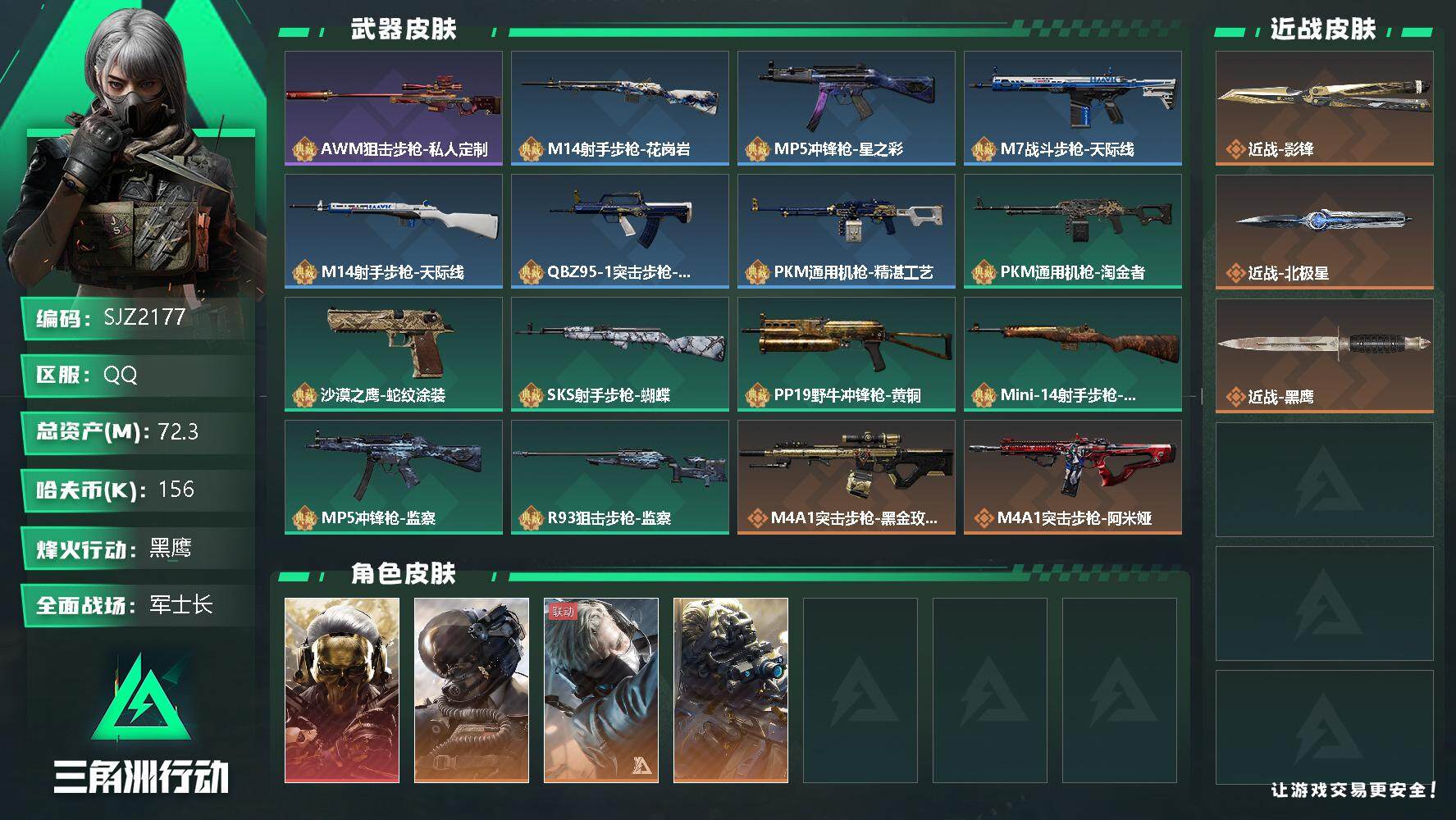 三角洲行动账号QQ【SJZ2177】总资产(M)：72.3M/哈夫币(K)：156K/哈夫币(K)：156K/全面战场