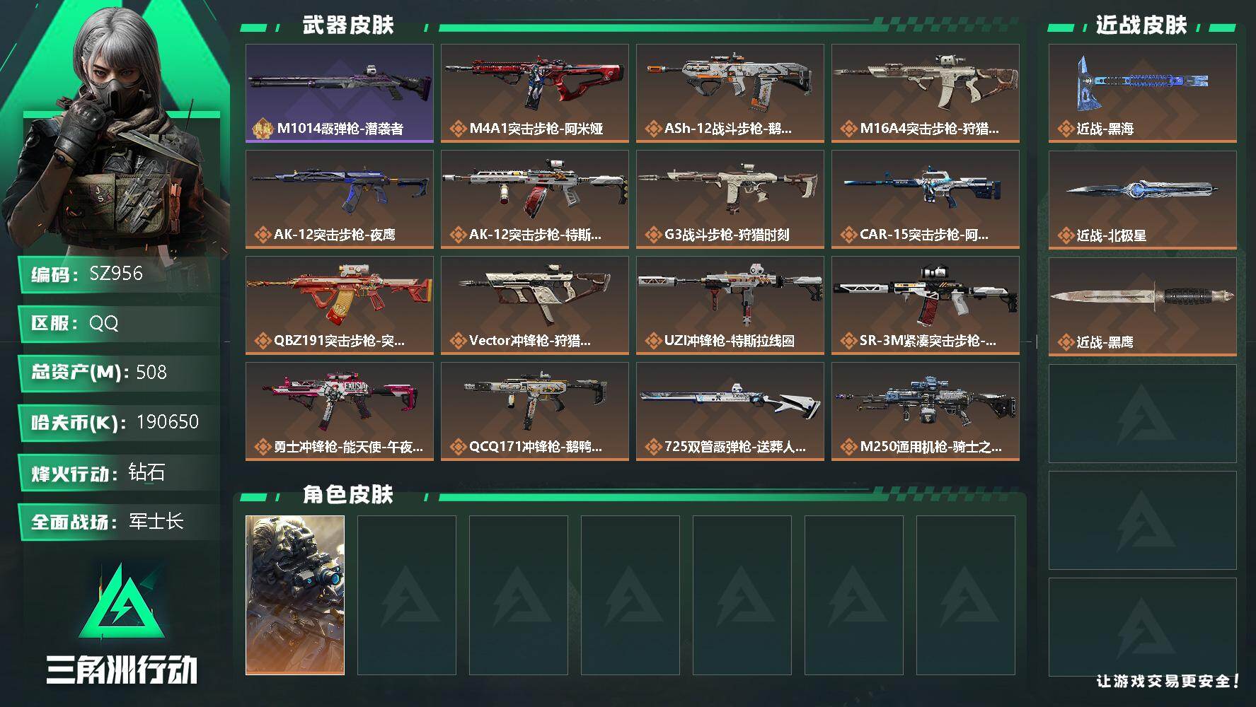 三角洲行动账号QQ60级无三角洲封禁记录/1.9亿现金/总资产508M/黑海-北极星/体负双7/部门全满
【个人信息】