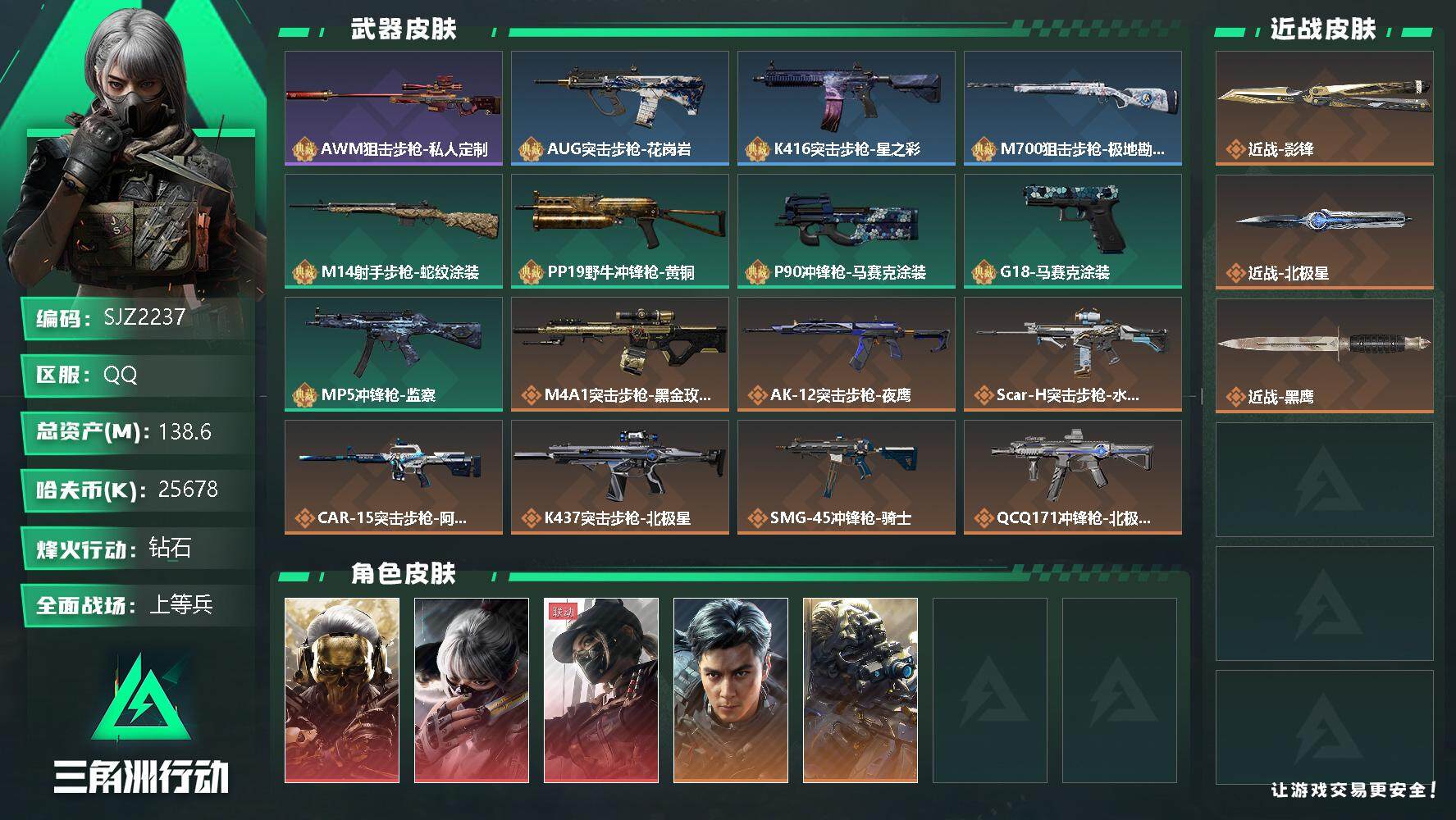 三角洲行动账号QQ【SJZ2237】总资产(M)：138.6M/哈夫币(K)：25678K/哈夫币(K)：25678K/全面战场等级：23_段位：上等兵/烽火地带等级：60_段位：钻石/红狼-蚀金玫瑰/骇爪-水墨云图