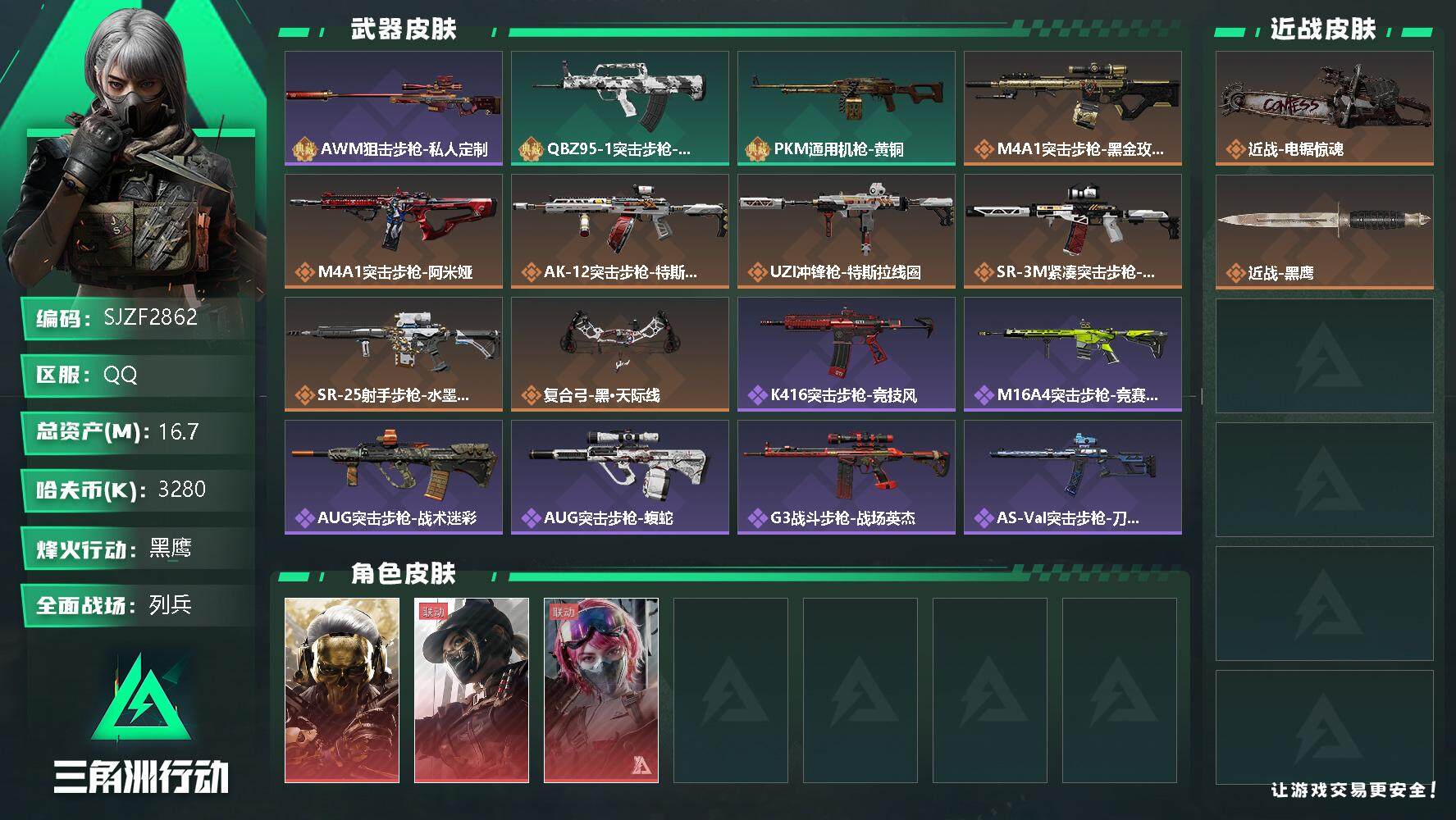 三角洲行动账号QQ【SJZF2862】总资产(M)：16.7M/哈夫币(K)：3280K/哈夫币(K)：3280K/全面战场等级：7_段位：列兵/烽火地带等级：60_段位：黑鹰/红狼-蚀金玫瑰/露娜-黑·天际线/蛊-
