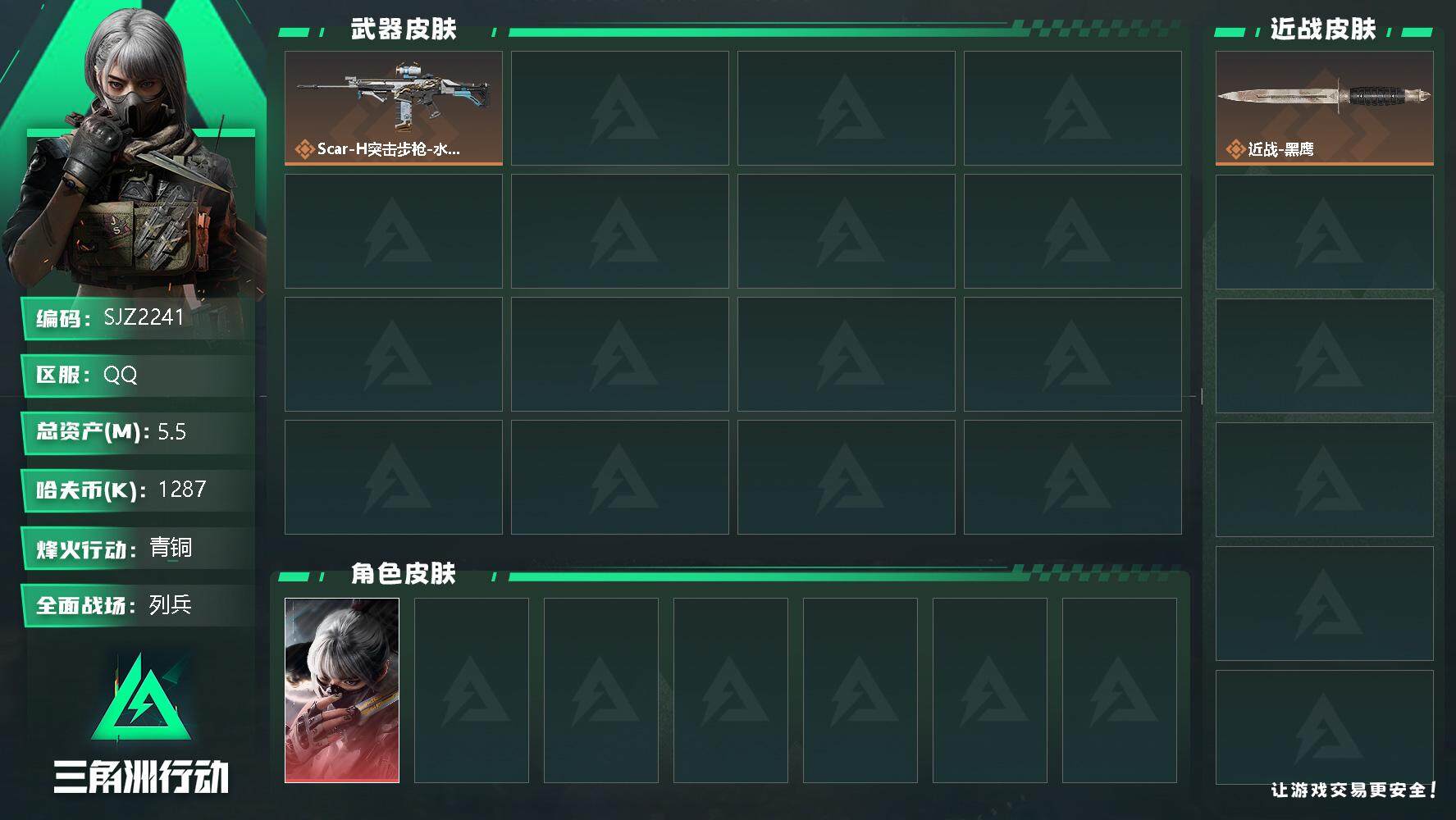 三角洲行动账号QQ【SJZ2241】总资产(M)：5.5M/哈夫币(K)：1287K/哈夫币(K)：1287K/全面战场等级：6_段位：列兵/烽火地带等级：15_段位：青铜/骇爪-水墨云图/近战-黑鹰/SCAR-H战