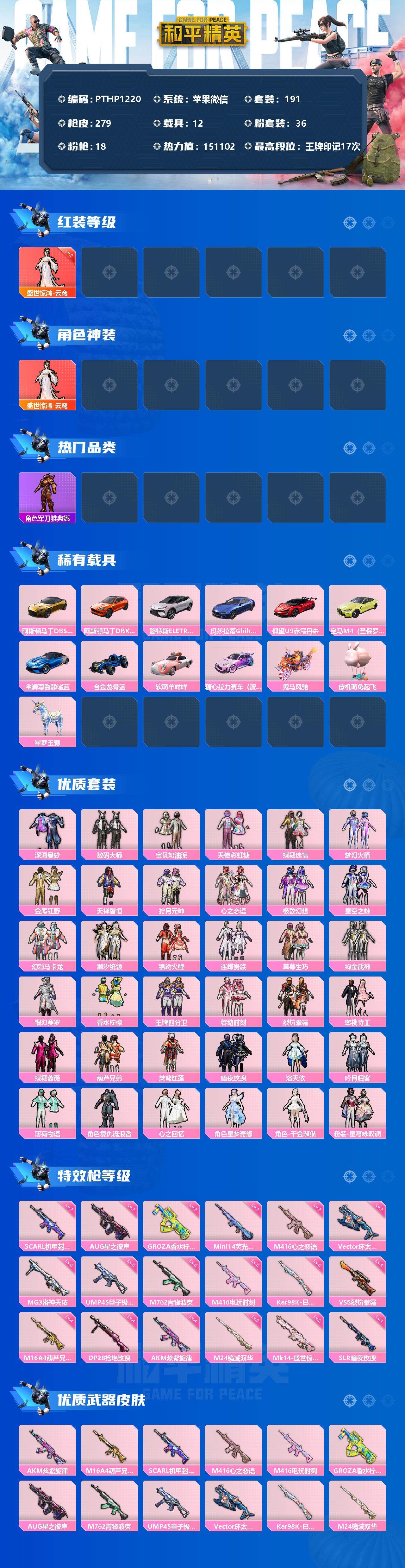 和平精英账号苹果微信12载具-191套装-279枪皮-【PTHP1220】【限时秒杀】【商品标题】：苹果 微信-1神装-