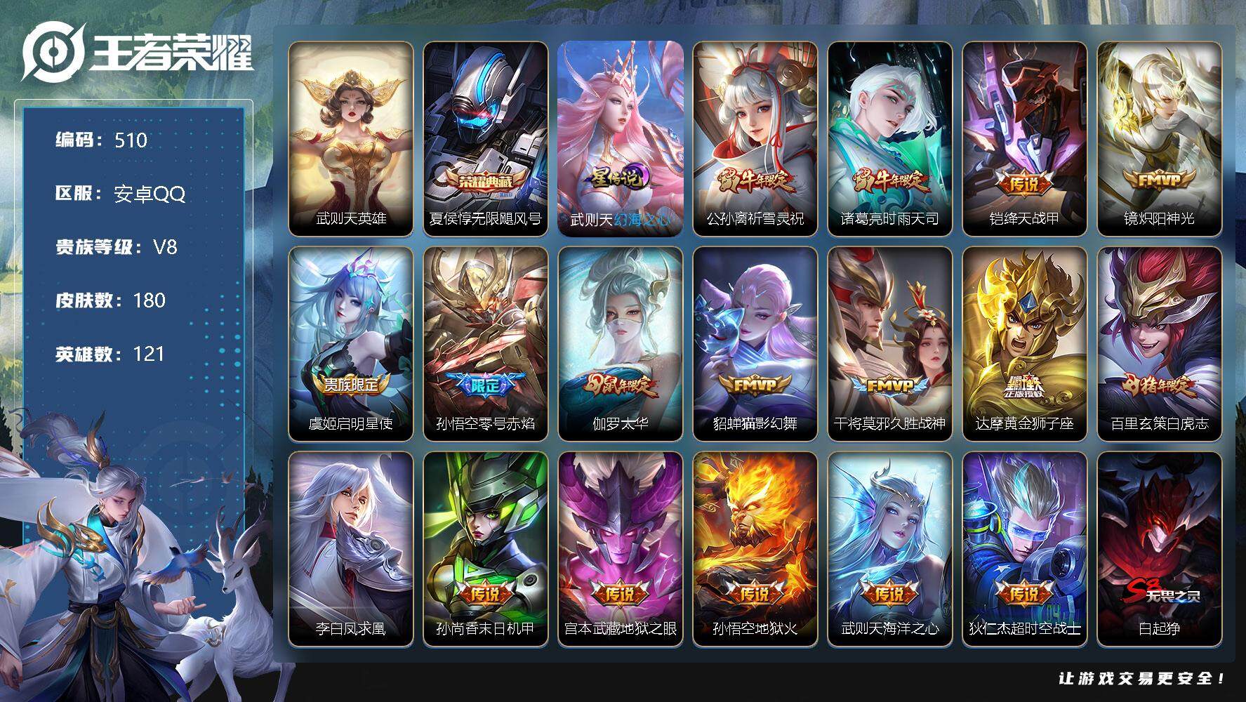 王者荣耀账号安卓QQ121英雄-180皮肤-账号亮点：武则天英雄，夏侯惇无限飓风号 公孙离祈雪灵祝，诸葛亮时雨天司，铠绛