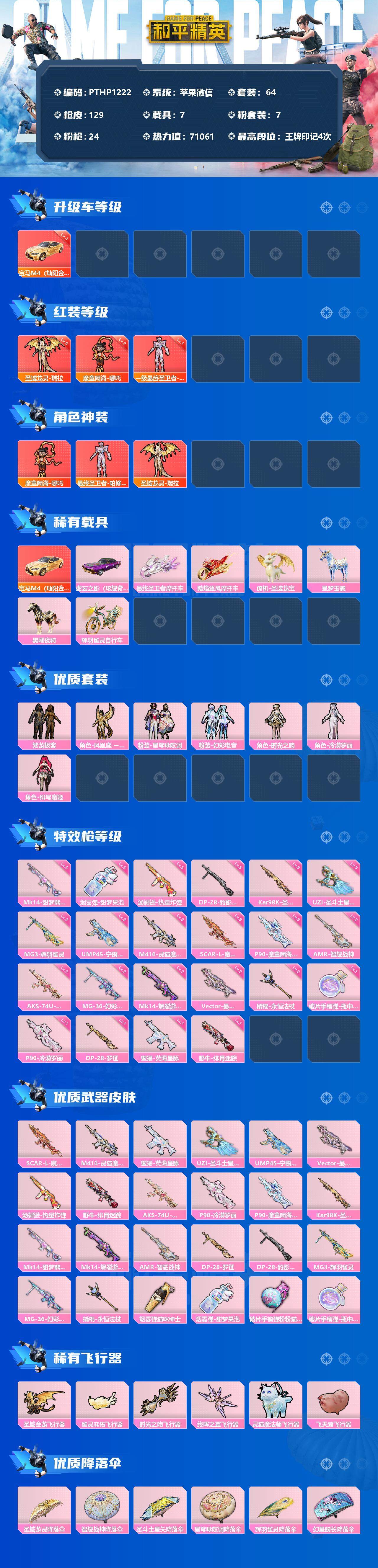 和平精英账号苹果微信7载具-64套装-129枪皮-【PTHP1222】【限时秒杀】
【商品标题】：苹果 微信-3神装-7