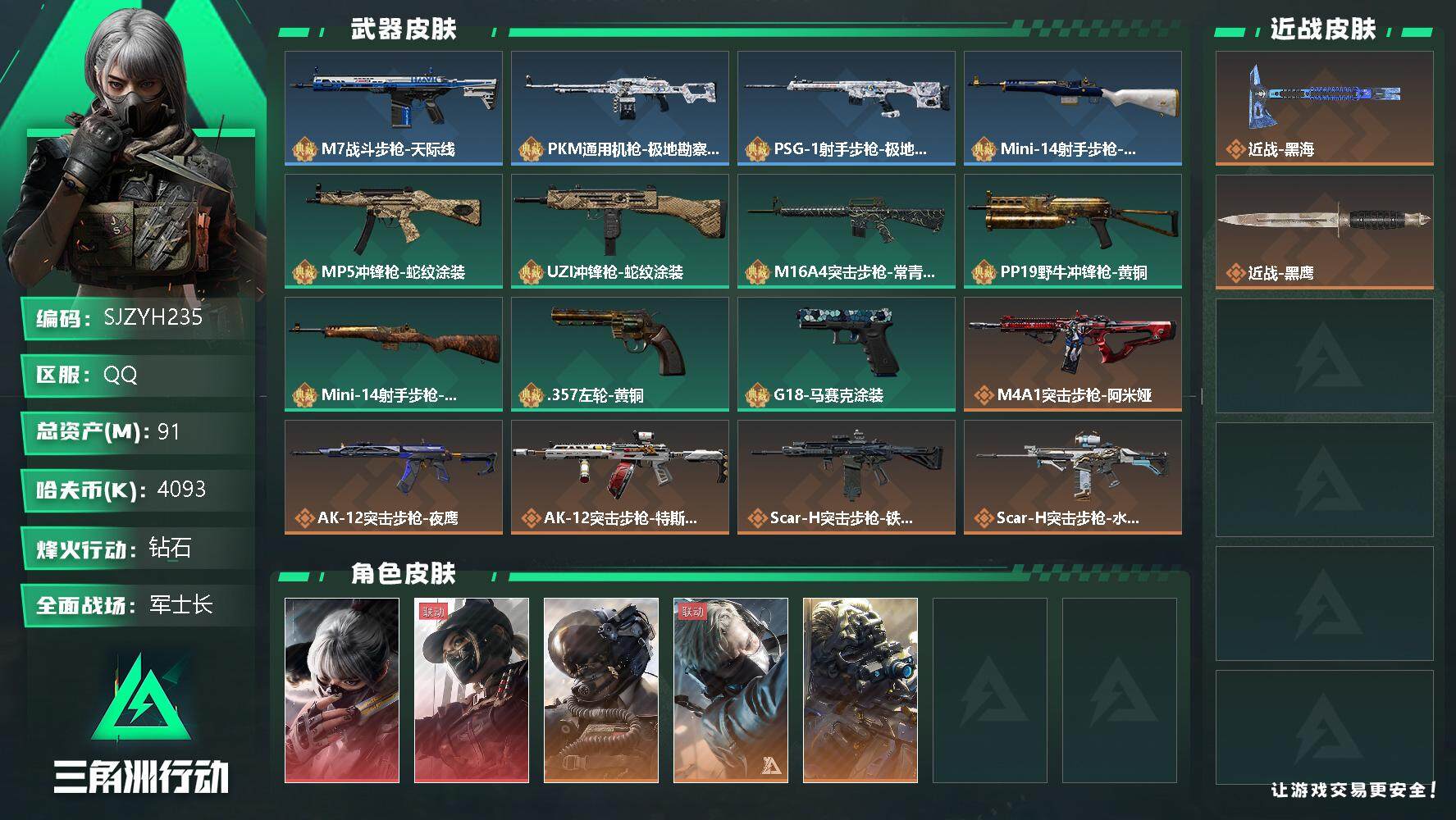 三角洲行动账号QQ【SJZYH235】总资产(M)：91M/哈夫币(K)：4093K/哈夫币(K)：4093K/全面战