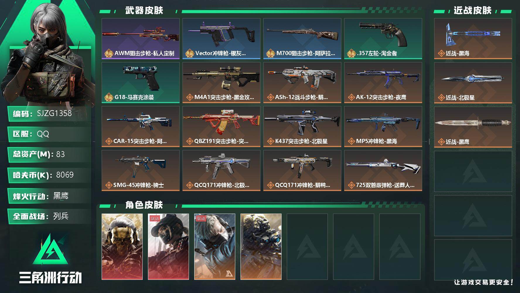 三角洲行动账号QQ【SJZG1358】总资产(M)：83M/哈夫币(K)：8069K/哈夫币(K)：8069K/传说枪