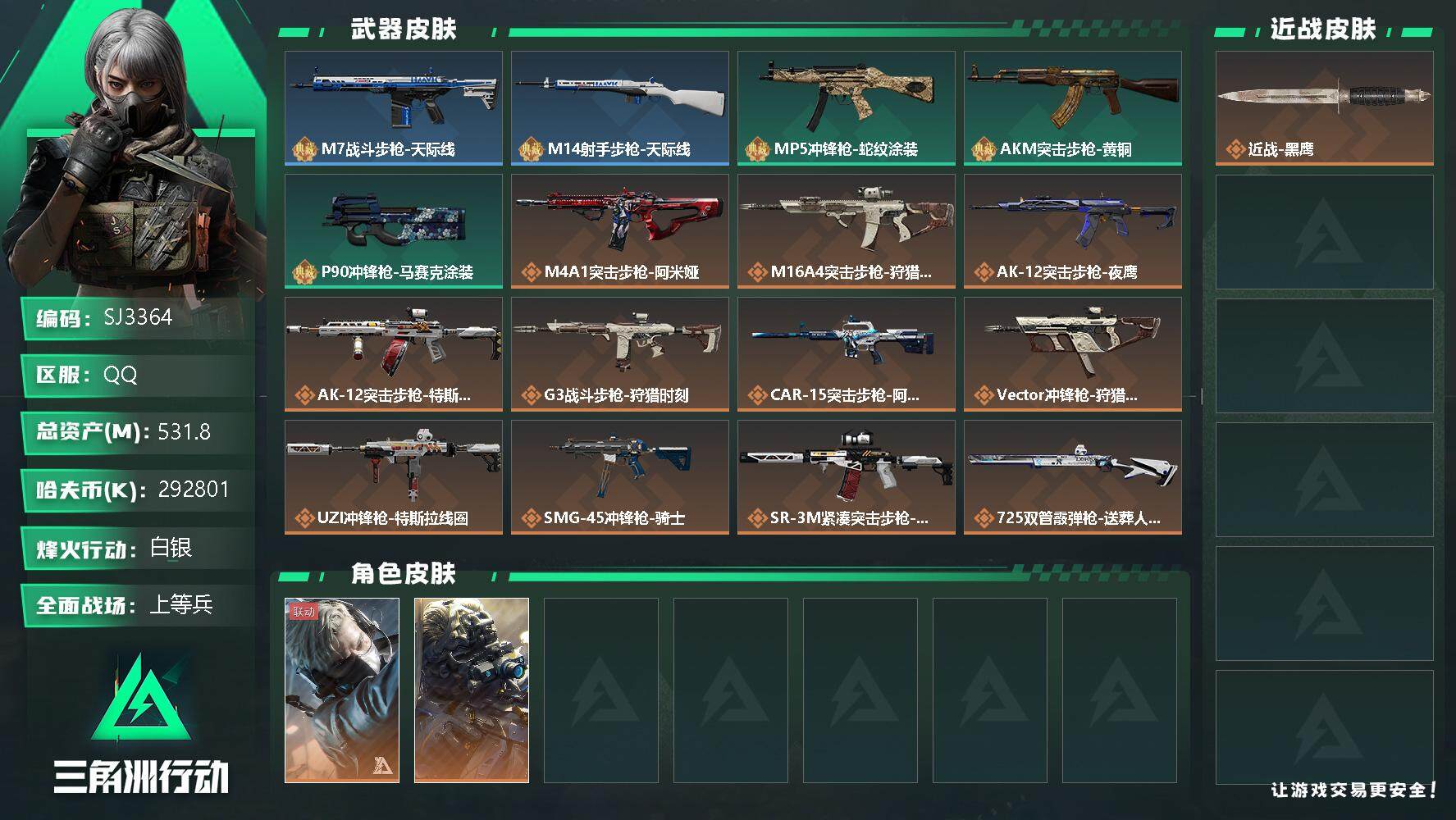 三角洲行动账号QQ【SJ3364】总资产(M)：531.8M/哈夫币(K)：292801K/哈夫币(K)：292801K/全面战场等级：17_段位：上等兵/烽火地带等级：60_段位：白银/蜂医-送葬人·无题密令/无名