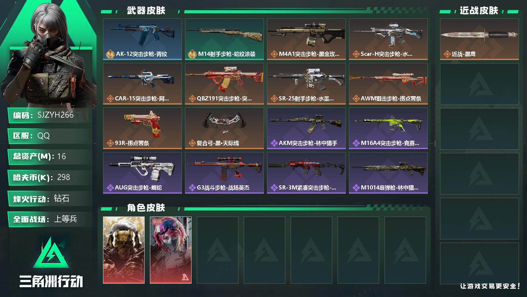 三角洲行动账号QQ【SJZYH266】总资产(M)：16M/哈夫币(K)：298K/哈夫币(K)：298K/传说枪皮数