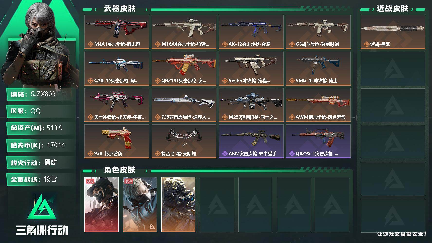 三角洲行动账号QQ【SJZX803】总资产(M)：513.9M/哈夫币(K)：47044K/哈夫币(K)：47044K/全面战场等级：50_段位：校官/烽火地带等级：60_段位：黑鹰/露娜-黑·天际线/无名-夜鹰/蜂