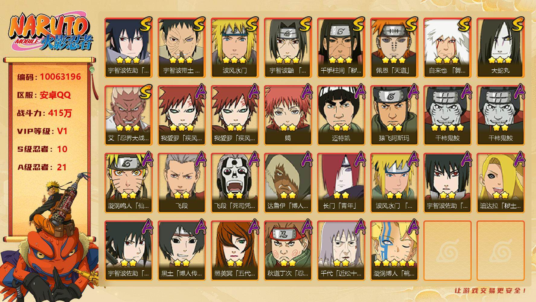 火影忍者账号安卓QQ10S！实名: 可修改 贵族等级: V1 S忍数: 10 A忍数: 21 战力值(万): 415 S级忍者: 千手柱间「秽土转生」,佩恩「天道」,大蛇丸,波风水门,宇智波鼬 「须佐能乎」,宇智波带土