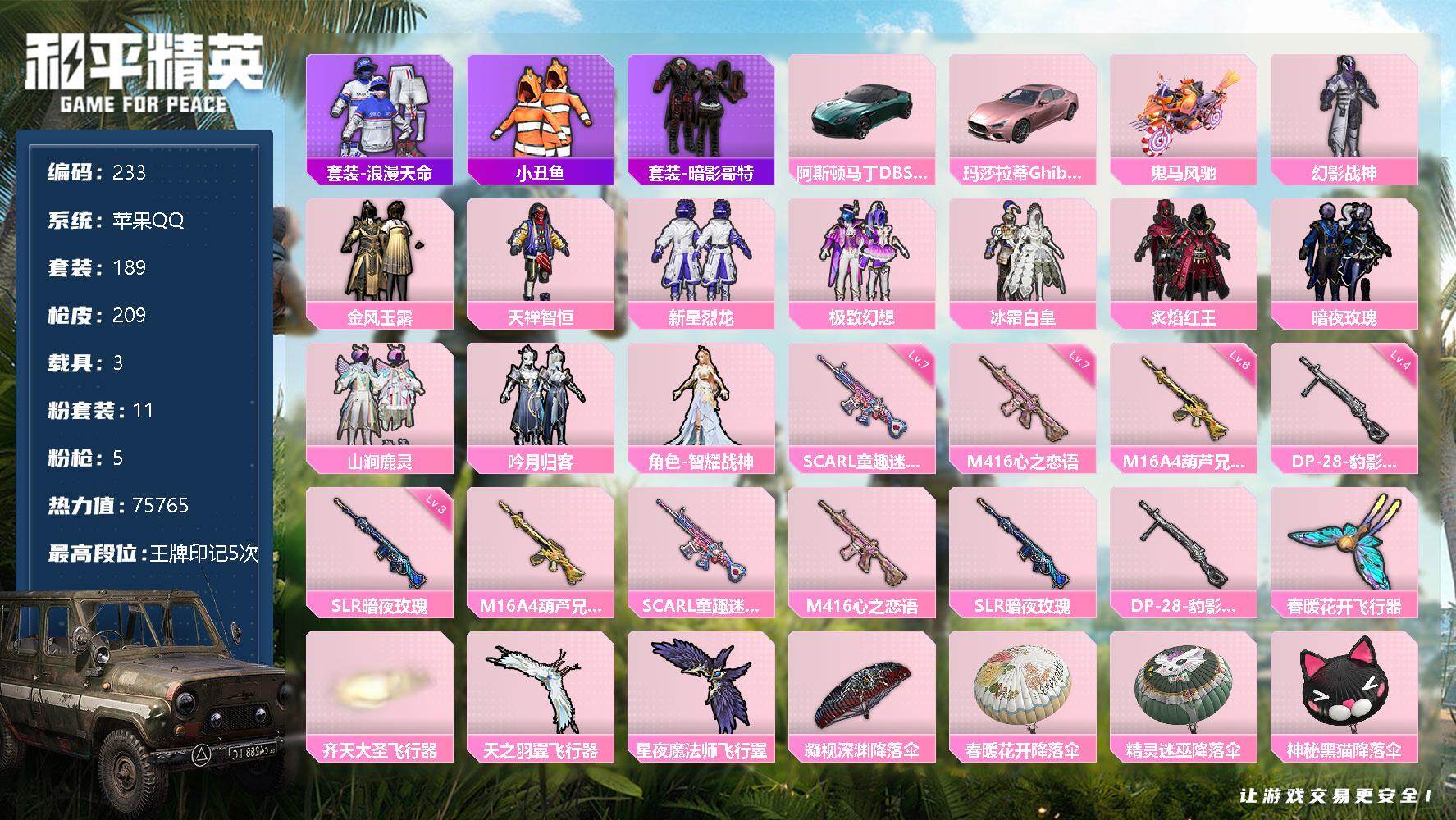 和平精英账号苹果QQ3载具-189套装-209枪皮-189套装/枪械5/装备251/载具3/战备163/王牌印记5/热力