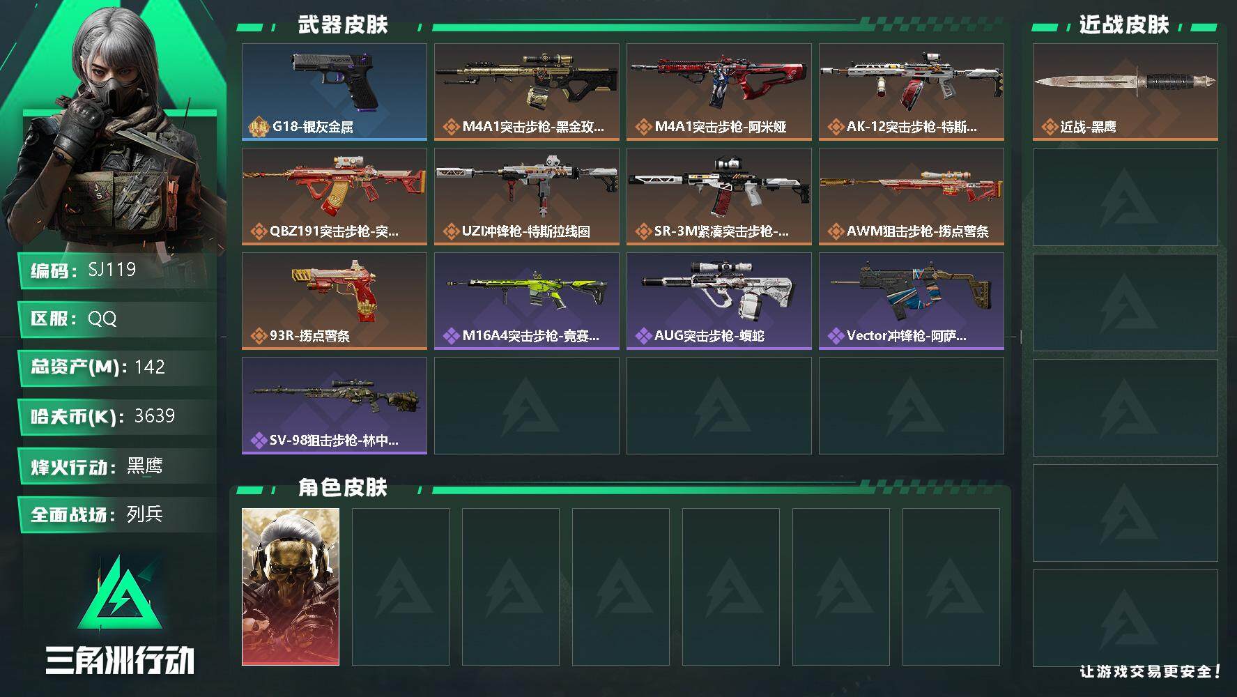 三角洲行动账号QQ3639k哈伏币-68m流动资产-60烽火等级-黑鹰-9战场等级-列兵
【干员外观】：红狼-蚀金玫瑰